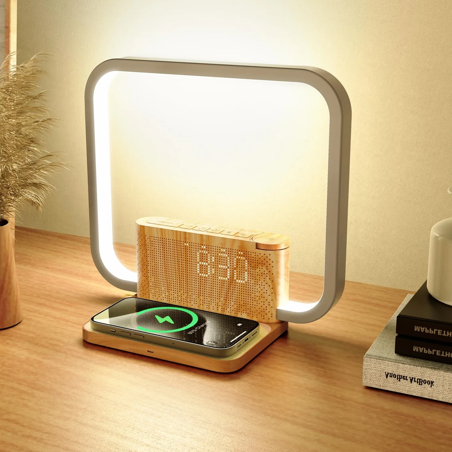 Nachttischlampe mit Ladefunktion, 10W Wireless Charger, Wake Up Licht, 10 Natürlichen Klängen Einschlafhilfe und Tischlampe Touch Dimmbar mit 3 Helligkeitsstufen für Schlafzimmer Wohnzimmer Büro