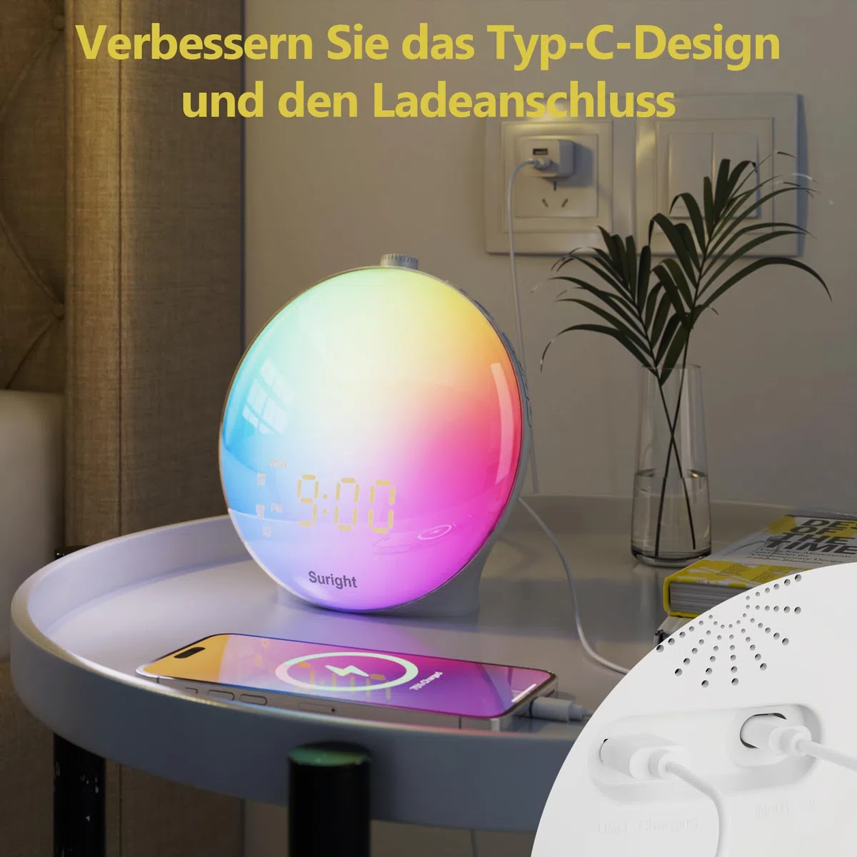 Suright Lichtwecker Tageslichtwecker, Wake Up Licht Wecker, Sonnenaufgang Sonnenuntergang Simulation Wecker Radio 15 Naturgeräusche 2 Alarmen Snooze 18 Farblicht 20 Helligkeit Nachttischlampe