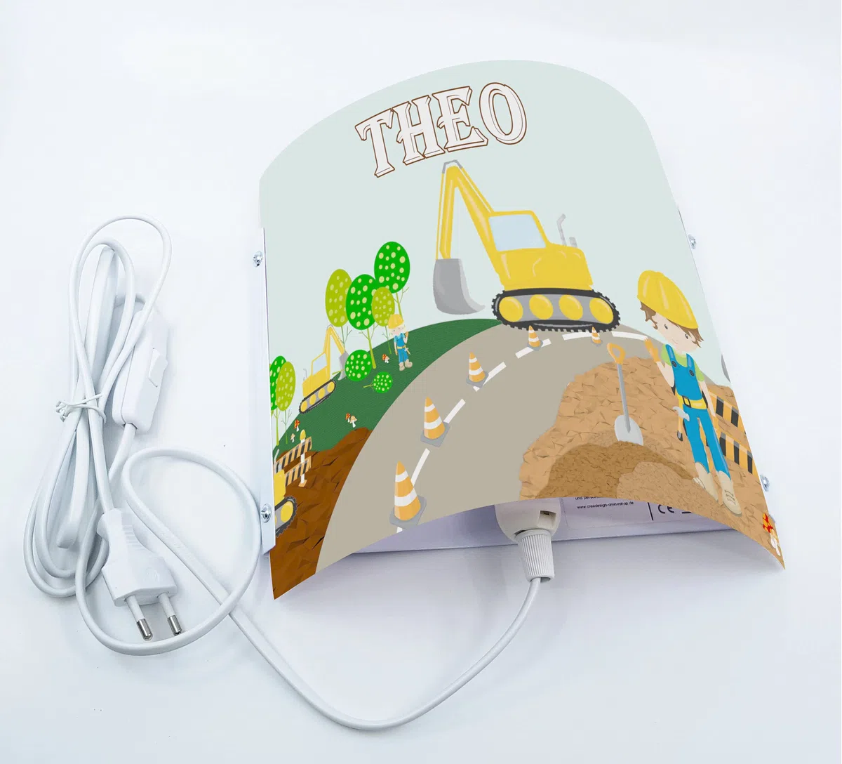 WA-1084, Bagger, Kinderzimmer Wandlampe personalisiert mit Namen, Nachtlicht/Schlummerlicht für Steckdose, E14, 22 x 22,5 x 8,5 cm