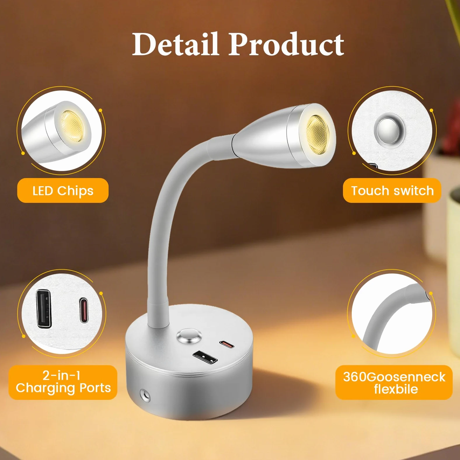 2 Stücke Wohnmobil Leselampe mit USB A+C-Ladegerät, 12V LED Wandlampe Spot Dimmbar DREI Farbtemperaturen, Schwanenhals Flexible Wandleuchte für Camper Van Caravan Boat Yacht (Silber)