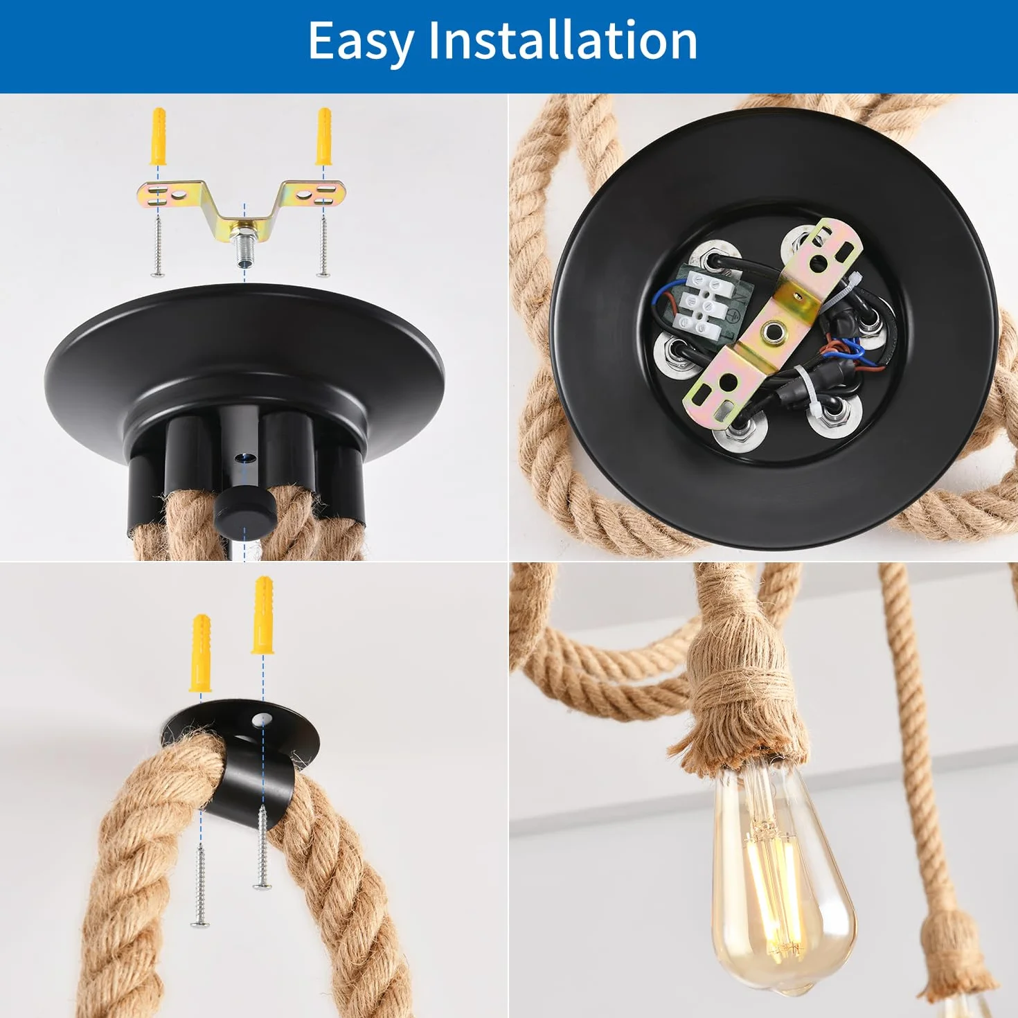 ANWIO Hanfseil Deckenlampe Pendelleuchte 8 Flammig, Spinne Kronleuchter, Hanfseil DIY Deckenleuchte Küche, Retro Hängelampe, Seil Pendellampe E27 für Speisesaal Schlafzimmer Wohnzimmer Esszimmer Hotel