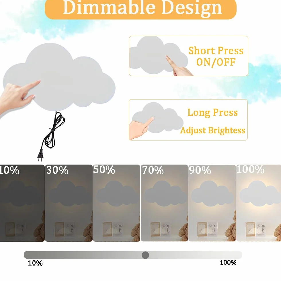 LED Wandleuchte mit Touch Schalter Kinder Dimmbar Nachtlicht Innen Warmweiß Wandlampe mit Stecker Modern Junge Mädchen Nachttischlampe für Babyzimmer Schlafzimmer Wohnzimmer Wolken Wandbeleuchtung