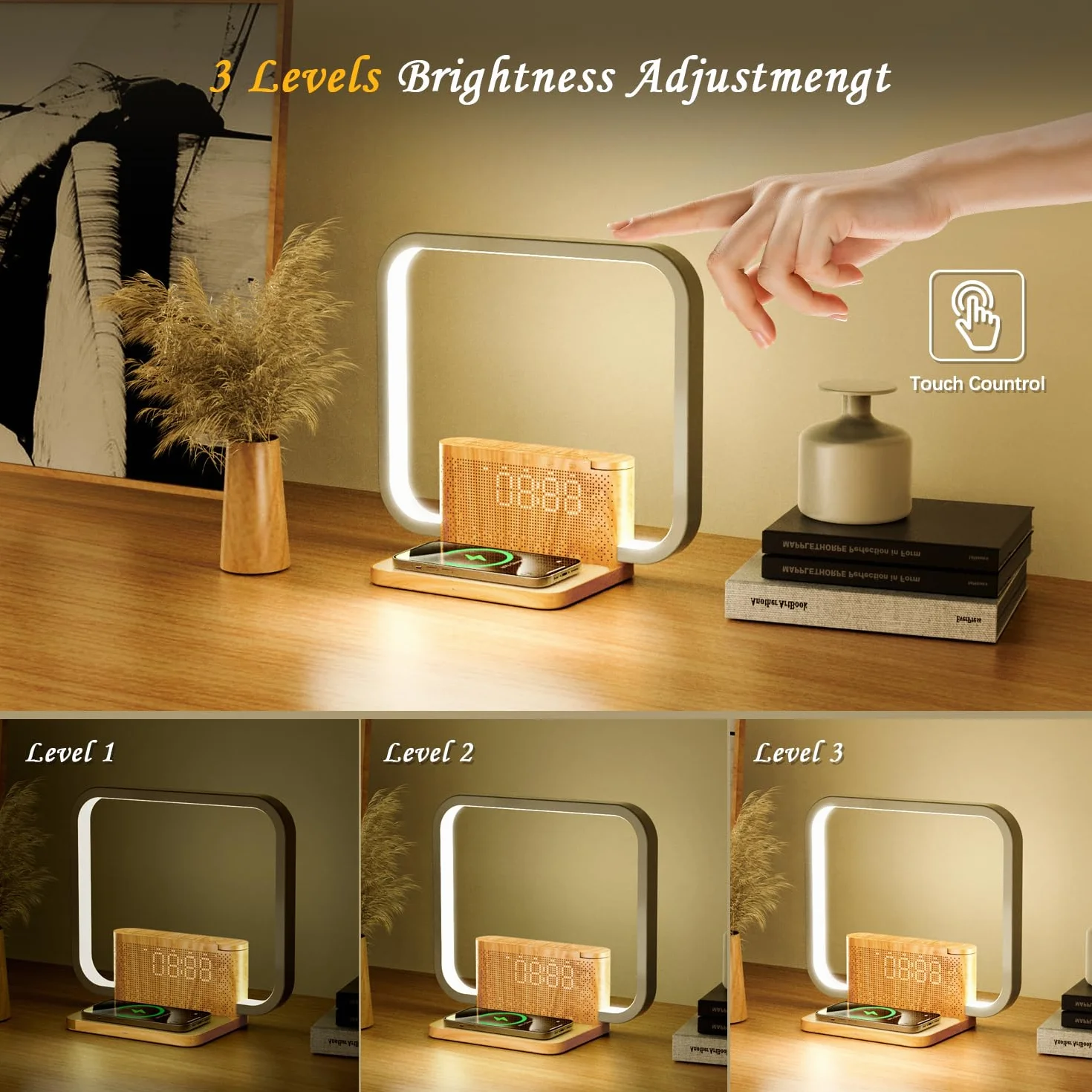 Nachttischlampe mit Ladefunktion, 10W Wireless Charger, Wake Up Licht, 10 Natürlichen Klängen Einschlafhilfe und Tischlampe Touch Dimmbar mit 3 Helligkeitsstufen für Schlafzimmer Wohnzimmer Büro