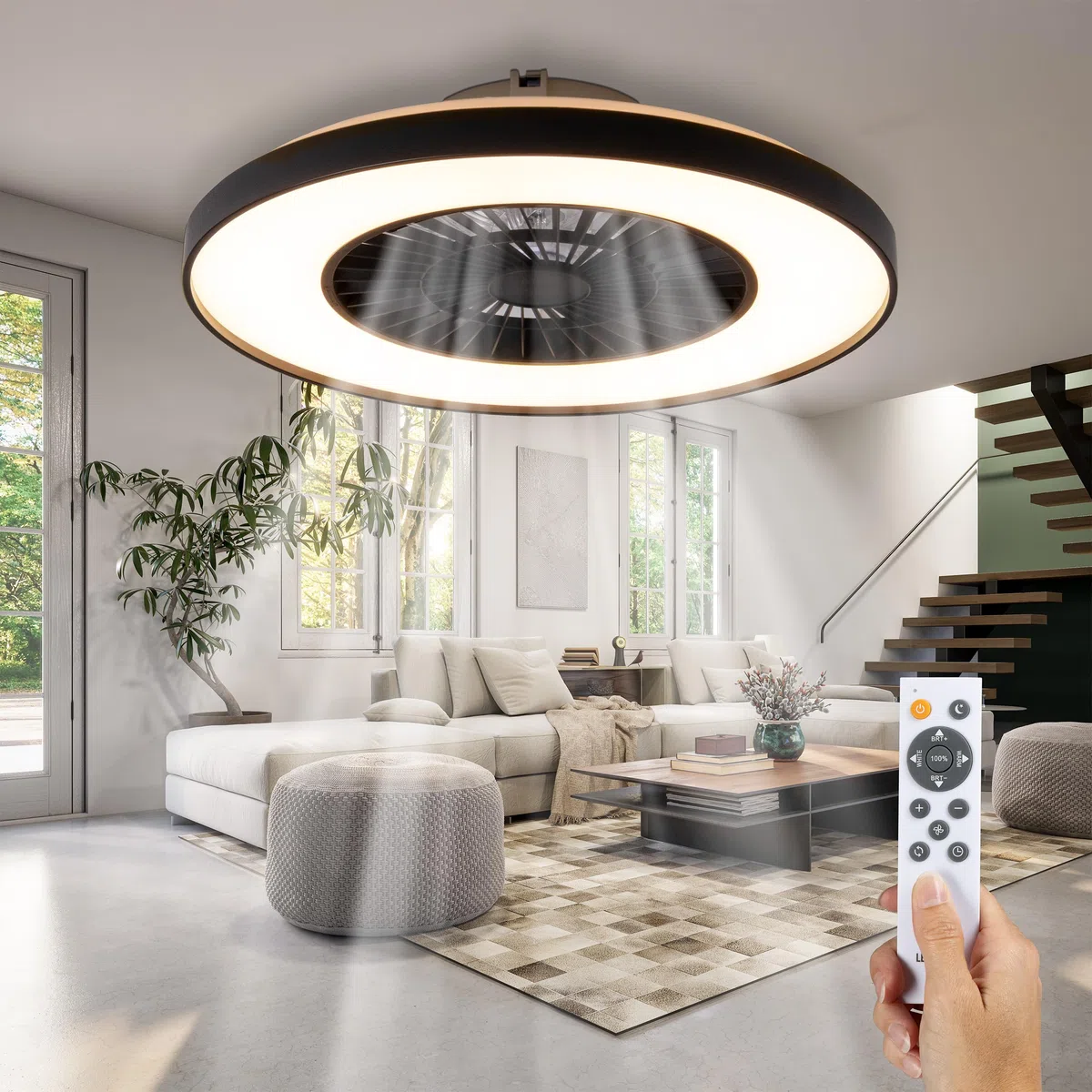 Proventa Deckenventilator mit Beleuchtung und Fernbedienung leise 60W Ø60cm dimmbare LED Deckenleuchte Sommer Wintermodus