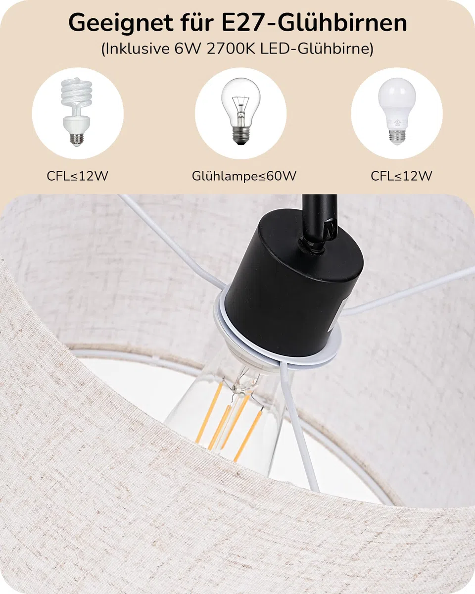 EDISHINE Stehlampe Wohnzimmer 160cm, Bogenlampe Modern mit Beigen Verstellem Leinen-Lampenschirm, LED E27 Glühbirne inklusive, Schwarz Leselampe Stehleuchte für Schlafzimmer, Kinderzimmer