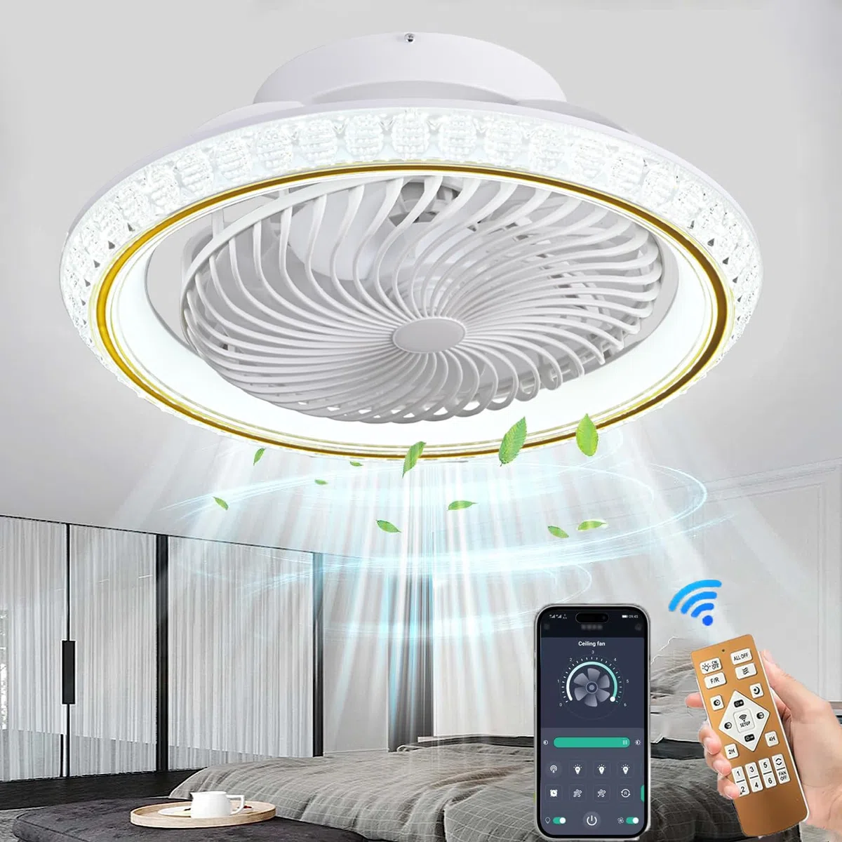 Deckenventilator mit Beleuchtung LED, 72W Dimmbar Fernbedienung, 360° Drehbare Invisible Fan Deckenleuchte 49cm