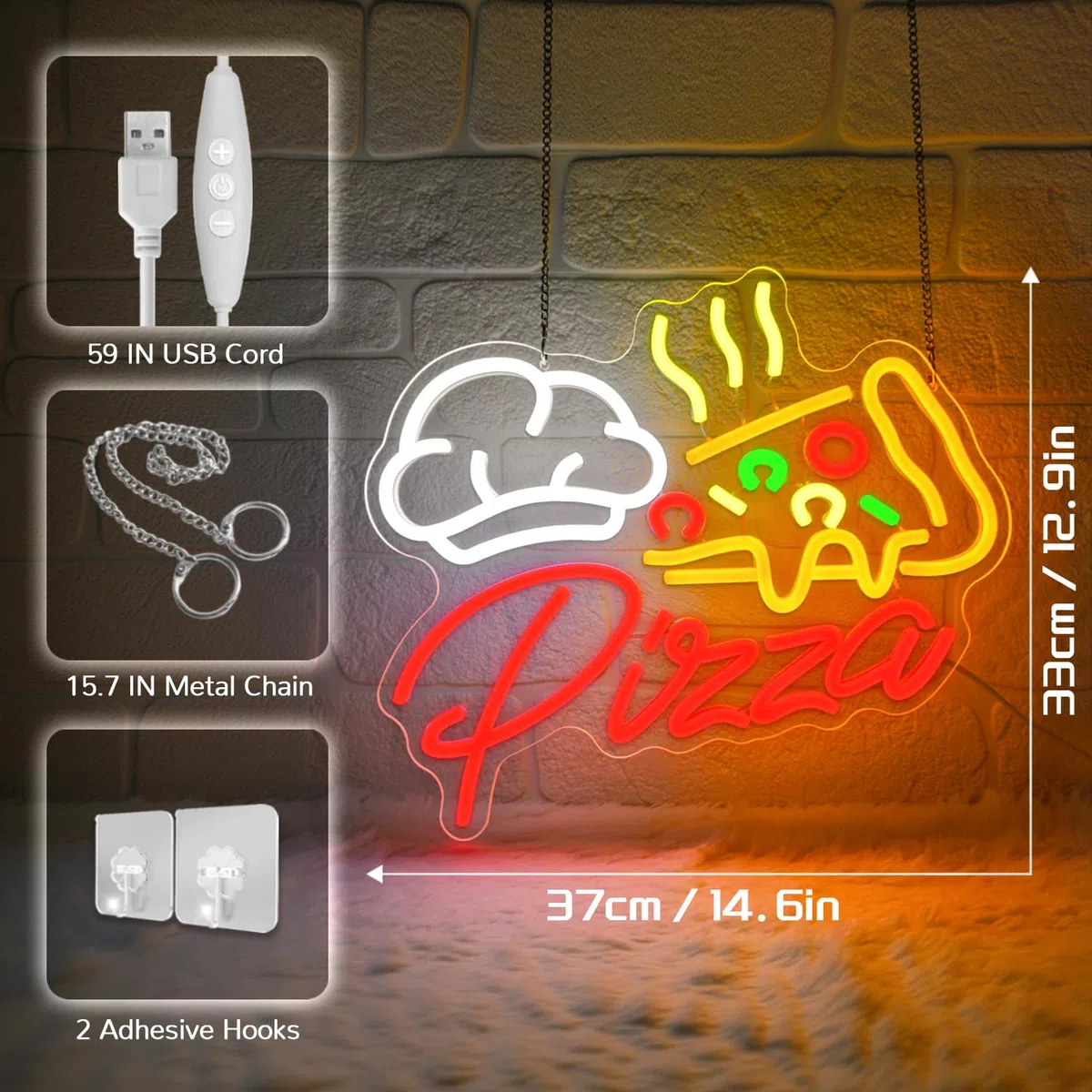 Pizza Neon Schild bunte Pizzastück Neonschild für Wanddekor, Led Schild für Unternehmen, USB Food Neon Sign, dimmbare Leuchtreklame für Zuhause Bar Küche Restaurant Pizzeria
