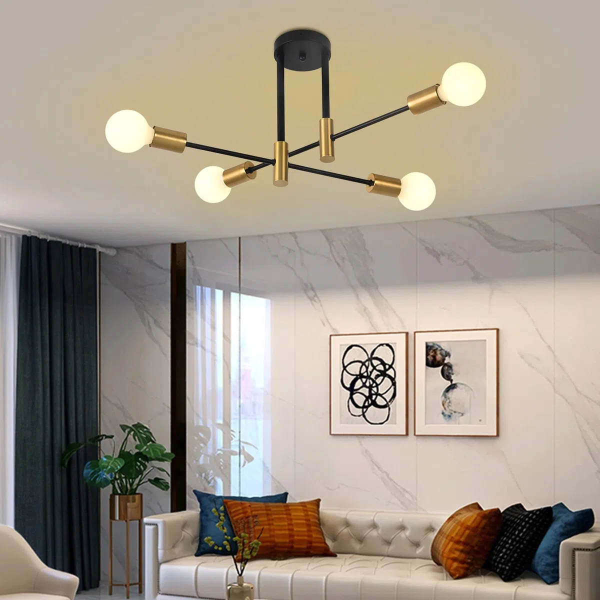 ZYDTRIP Deckenleuchte Vintage, Sputnik Kronleuchter Industrial Modern Hängelampe für Wohnzimmer Esszimmer Flur Restaurant Hotel, 4 Flammig Gold E27