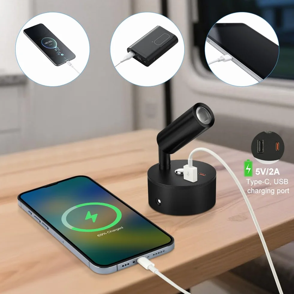 12V LED Leselampe Wohnmobil, 2 Stück Wohnmobil, Wandleuchte Bettlampe mit Schalter Touch Dimmbar, 3 Farbtemperatur Modi mit Ladefunktion USB A+C-Anschlüssen für Auto Wohnwagen Innenbeleuchtung