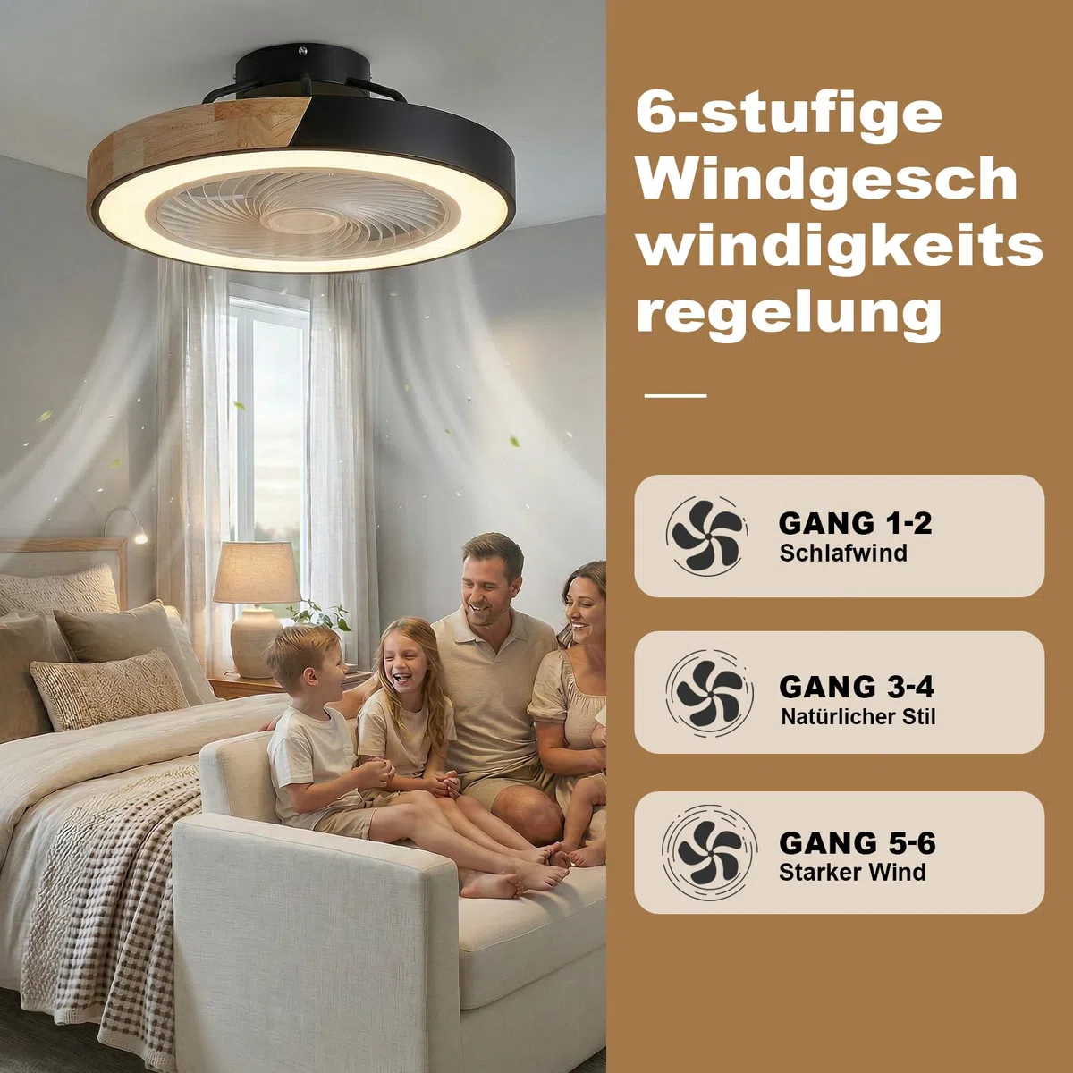 DATO Deckenventilator mit Beleuchtung, 3 Farbtemperatur und 6 Geschwindigkeiten LED-Deckenventilator mit Lampe Leise Dimmbar (A)