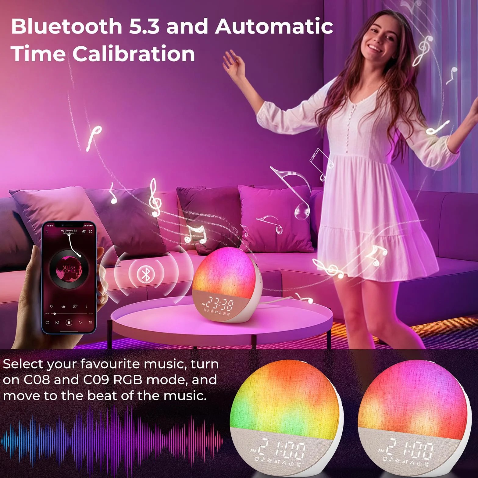 Tageslichtwecker, Lichtwecker Sonnenaufgang Wecker Doppel, Wake Up Light, Bluetooth Lautsprecher, White Noise Machine mit 30 Beruhigende Klänge, 20 Helligkeit,18 Farben Dimmbare Nachttischlampe