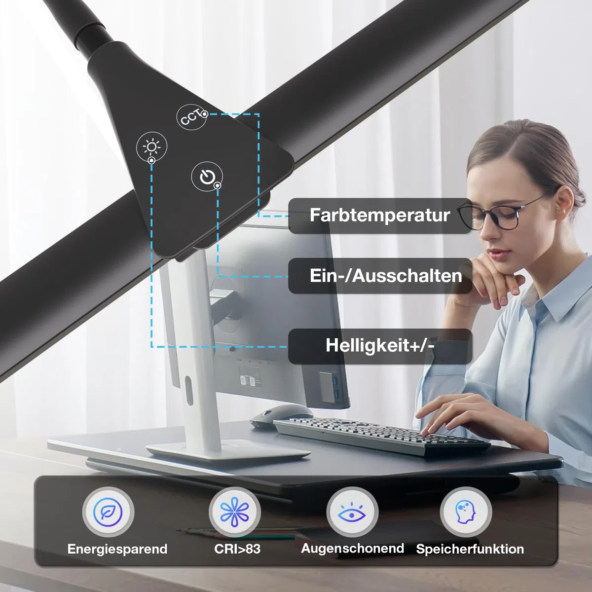 Hensam Schreibtischlampe LED Dimmbar, 1400LM Doppelkopf Schreibtischlampen Klemmbar, Bürolampe mit Schwanenhals für Zuhause und Studio, CRI>83, 5 Farbtemperatur-Helligkeitsstufen, Schwarz