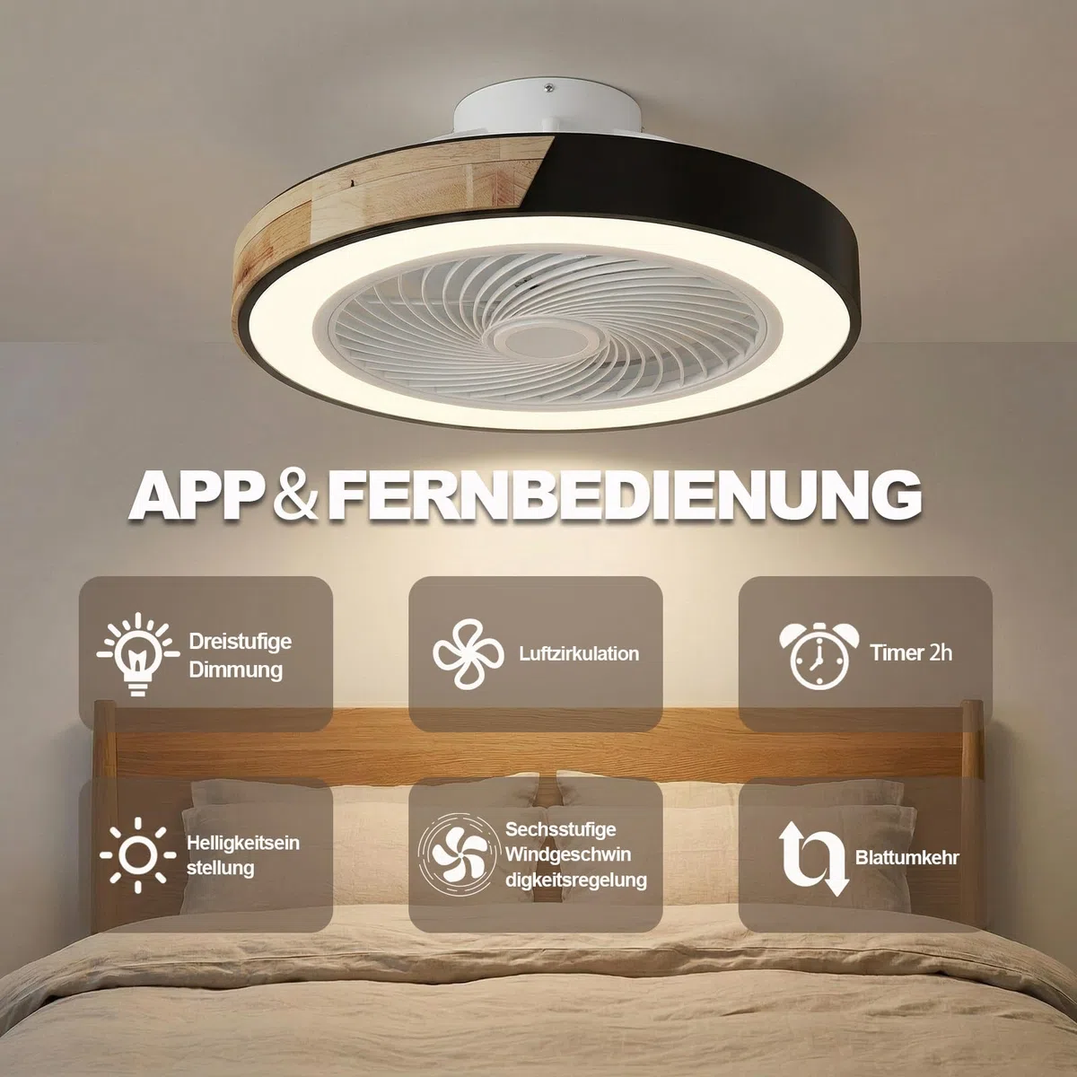 DATO Deckenventilator mit Beleuchtung, 3 Farbtemperatur und 6 Geschwindigkeiten LED-Deckenventilator mit Lampe Leise Dimmbar (A)