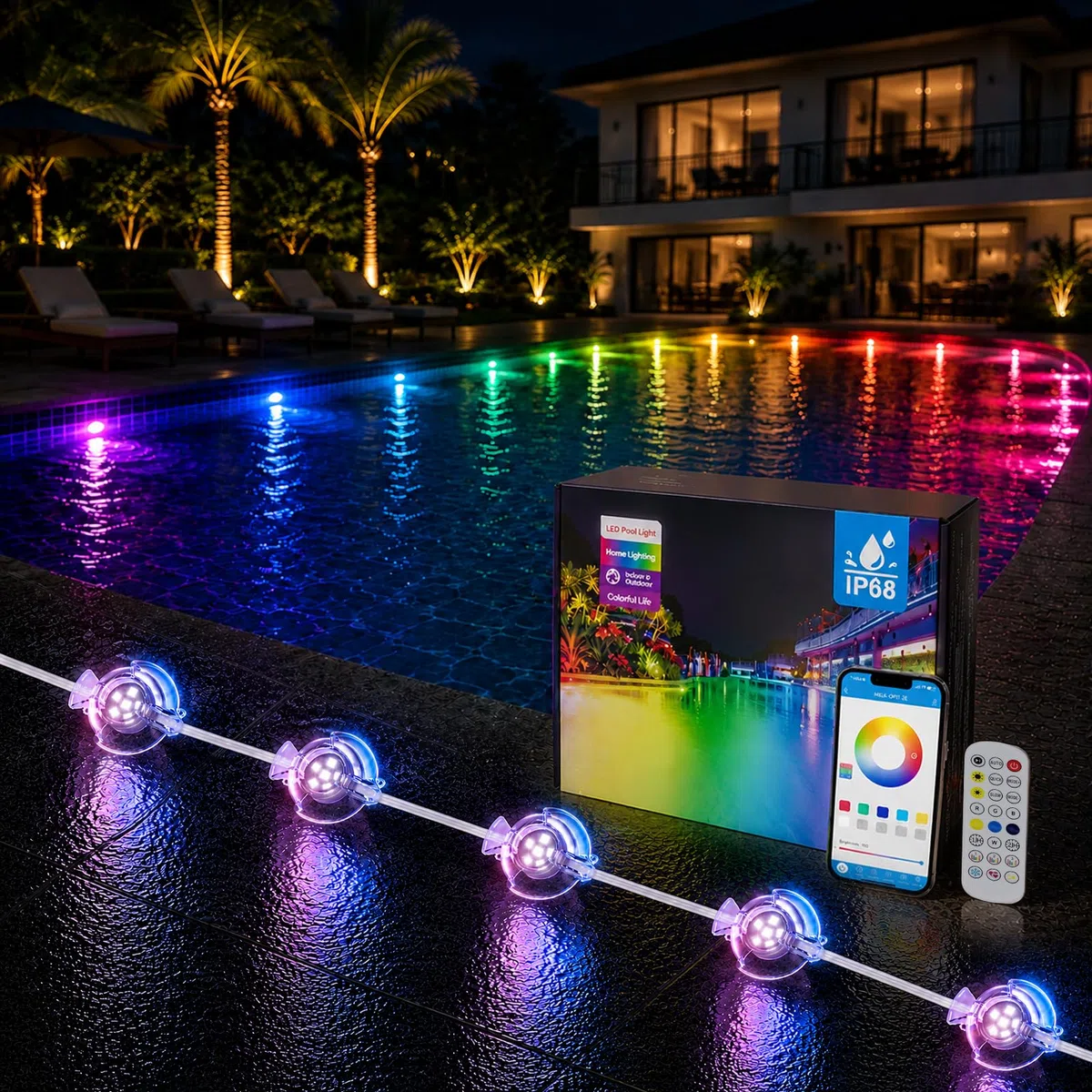 8-in-1 Poolbeleuchtungssystem 15m, 24V IP68 wasserdicht Poollicht ohne Umbau, RGB+IC Dynamische Pool LED, Vollflächige Pool Beleuchtung mit App & Fernbedienung für Einbau- und Aufstellpools