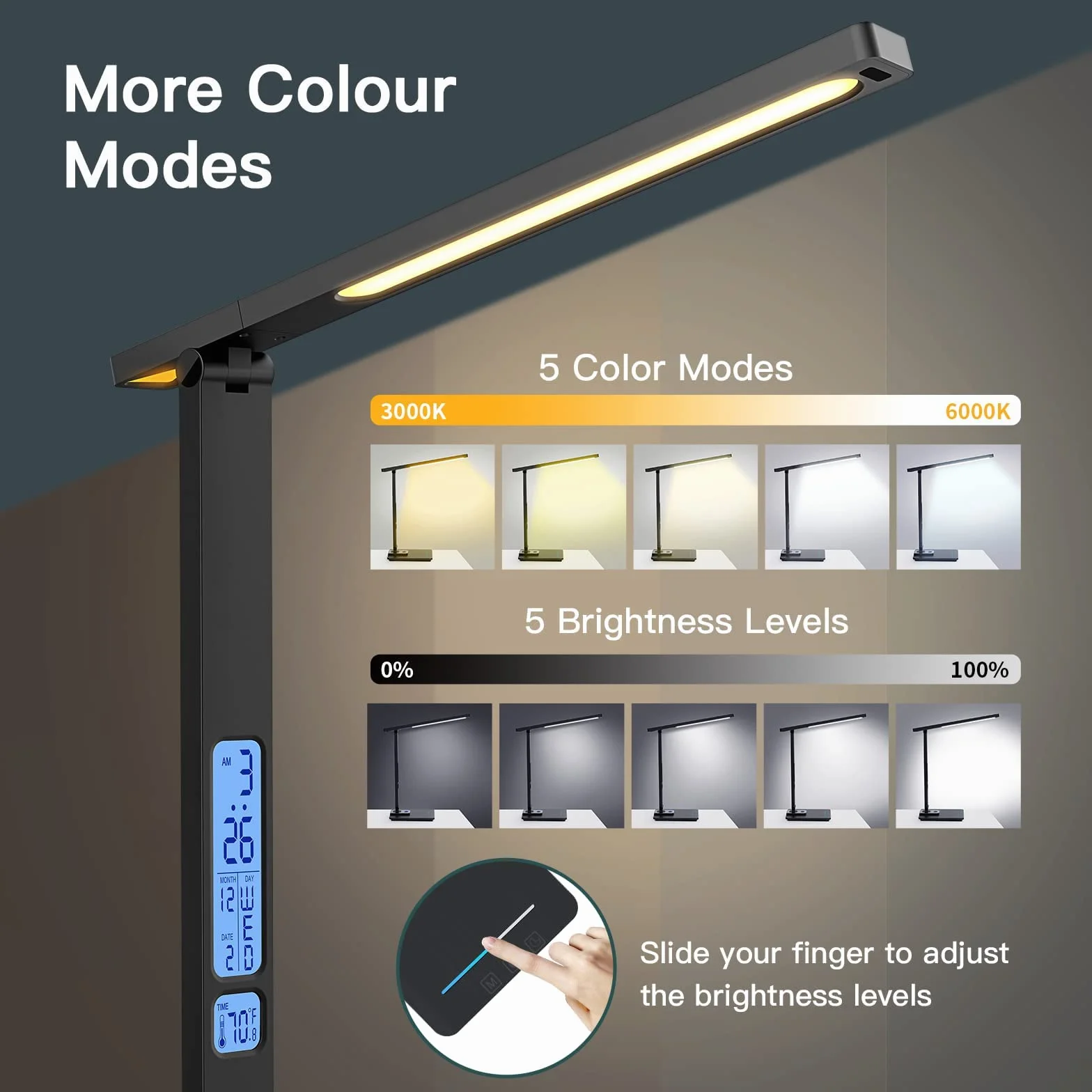 Schreibtischlampe LED Dimmbar mit Ladefunktion Uhr - Tischlampe Nachtlicht mit 10W Kabellosem Ladegerät, USB-Ladeanschluss Klappbare Schreibtisch Lampe, Touch 5-stufig Dimmbare Beleuchtung, 3 Modi