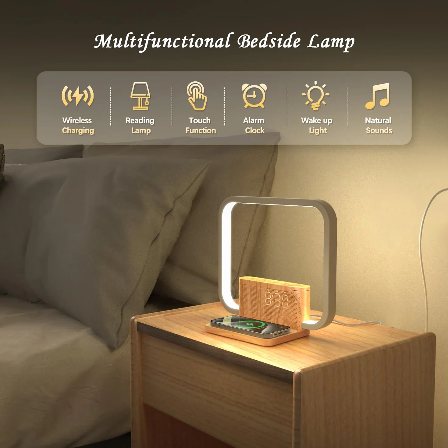 Nachttischlampe mit Ladefunktion, 10W Wireless Charger, Wake Up Licht, 10 Natürlichen Klängen Einschlafhilfe und Tischlampe Touch Dimmbar mit 3 Helligkeitsstufen für Schlafzimmer Wohnzimmer Büro