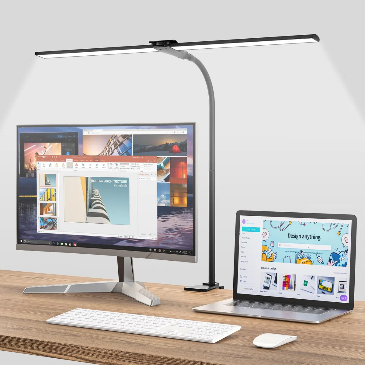 Hensam Schreibtischlampe LED Dimmbar, 1400LM Doppelkopf Schreibtischlampen Klemmbar, Bürolampe mit Schwanenhals für Zuhause und Studio, CRI>83, 5 Farbtemperatur-Helligkeitsstufen, Schwarz