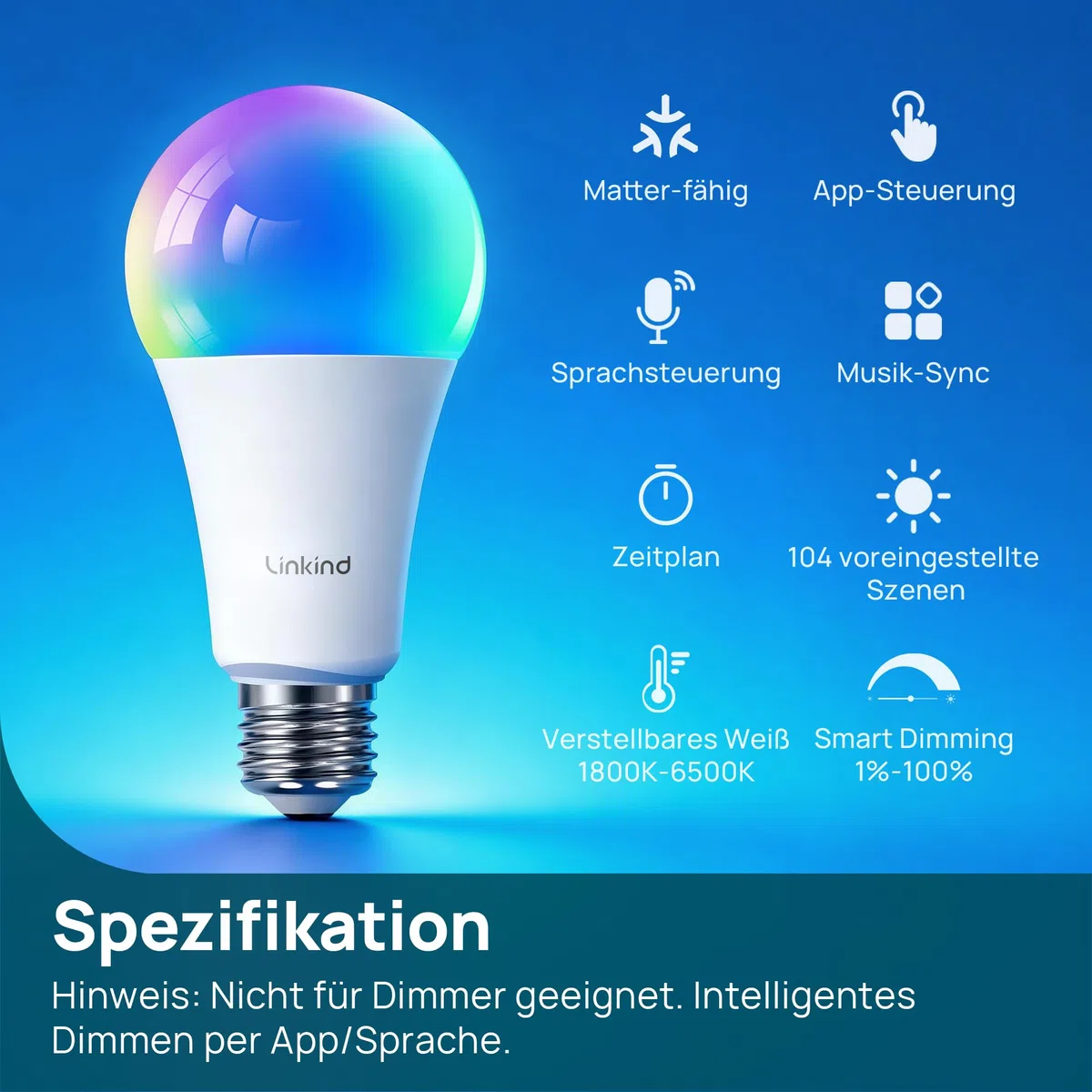 Linkind E27 Matter smart glühbirne 1600lm smart homekit lampe (104 Szenen) 14W ersetzt 100W WLAN LED Lampe RGBTW 2,4-GHz kompatibel Apple HomeKit/Alexa/Siri/Google/SmartThings, A67,3 Stück