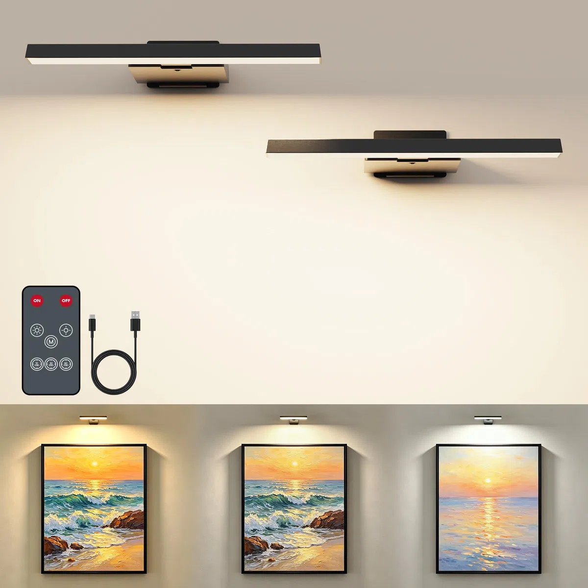 Coollamp Bildbeleuchtung Kabellos, Akku Wandleuchte Innen, Dimmbare Wandleuchte für Gemälde, Bilder & Dart Beleuchtung, LED Wandlampe mit 3 Farbtemperaturen, CRI 95+, Fernbedienung mit Timer, Schwarz