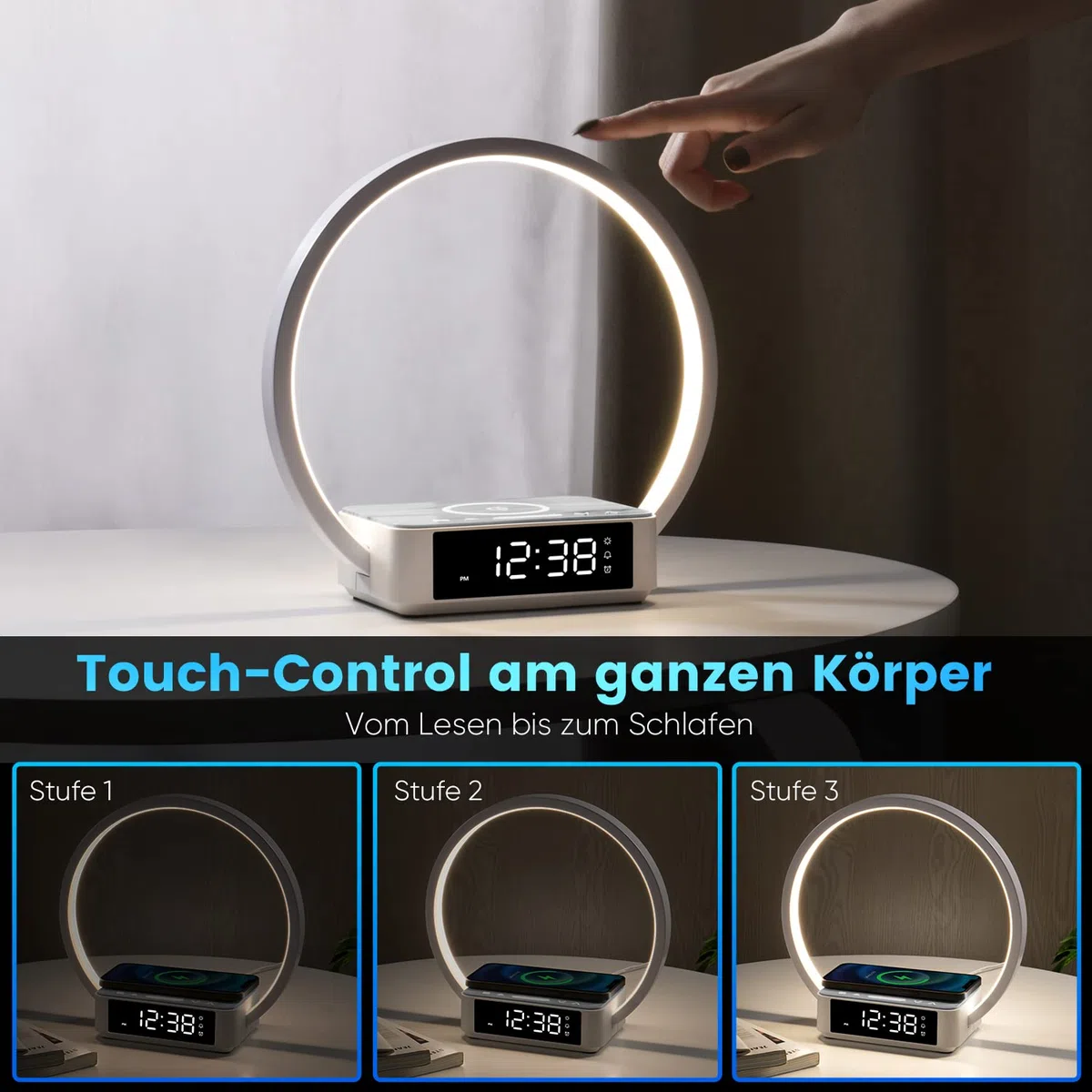 WILIT LED Nachttischlampe mit Ladefunktion 18W, Lichtwecker mit Uhr, Nachttischlampen Touch Dimmbar Schlafzimmer mit 3 Helligkeitsstufen, 10W Wireless Charger, Grau