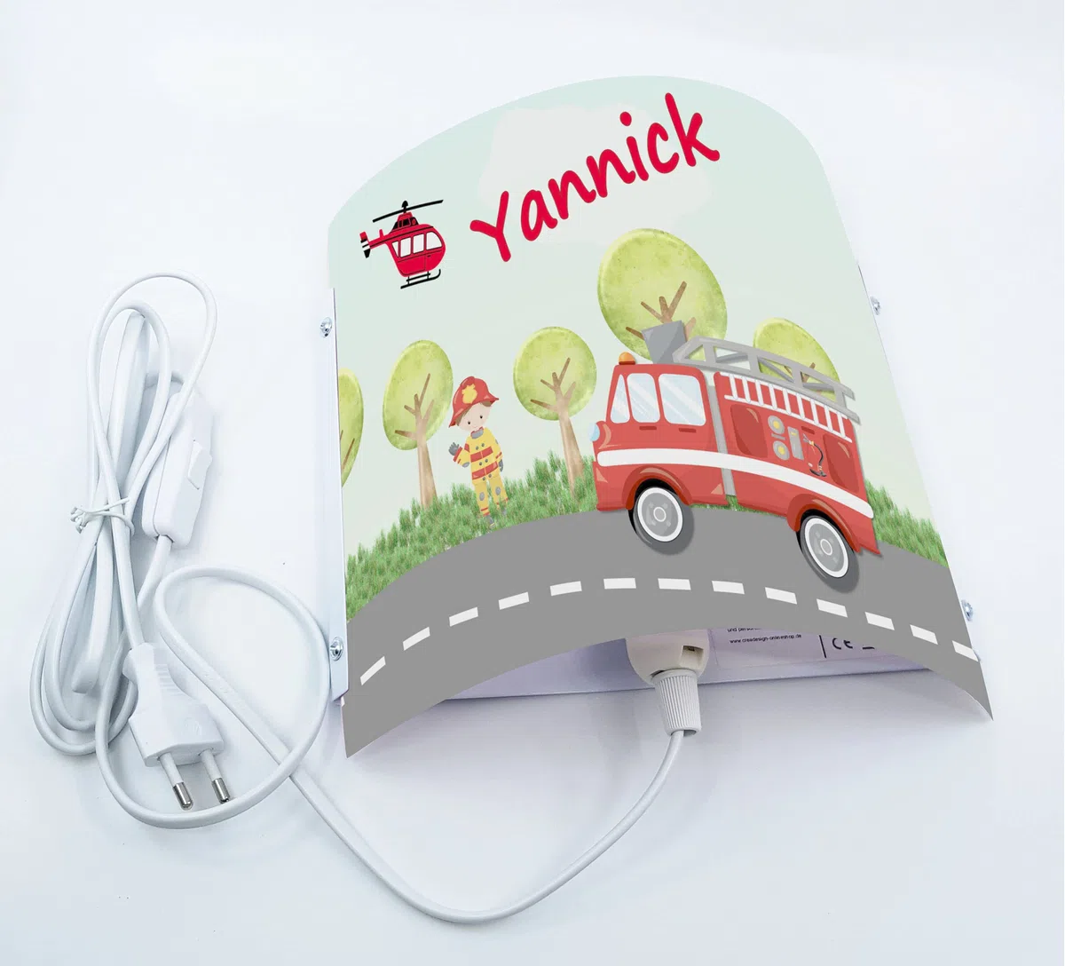 WA-1009, Feuerwehr, Kinderzimmer Wandlampe personalisiert mit Namen, Nachtlicht/Schlummerlicht für Steckdose, E14, 22 x 22,5 x 8,5 cm