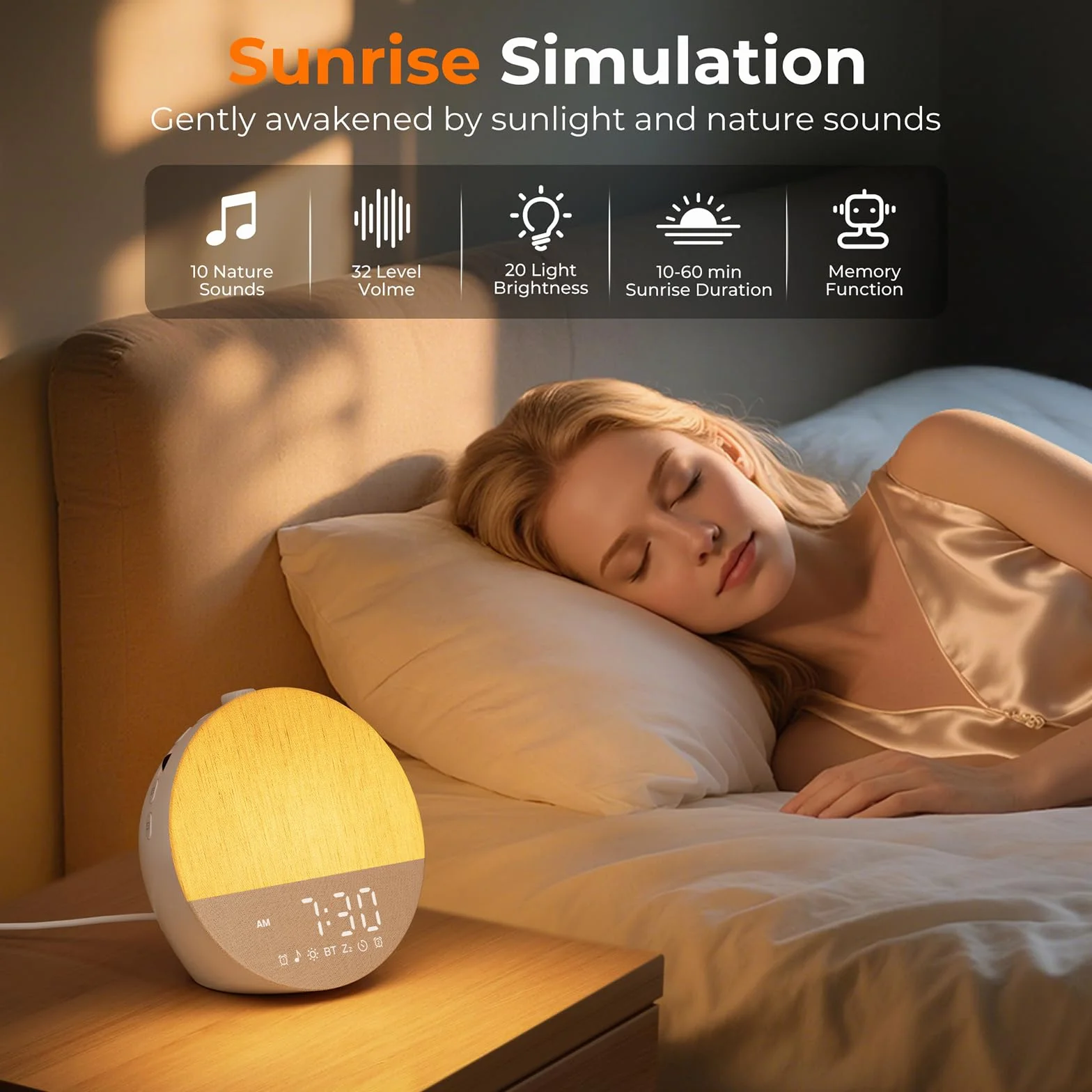 Tageslichtwecker, Lichtwecker Sonnenaufgang Wecker Doppel, Wake Up Light, Bluetooth Lautsprecher, White Noise Machine mit 30 Beruhigende Klänge, 20 Helligkeit,18 Farben Dimmbare Nachttischlampe