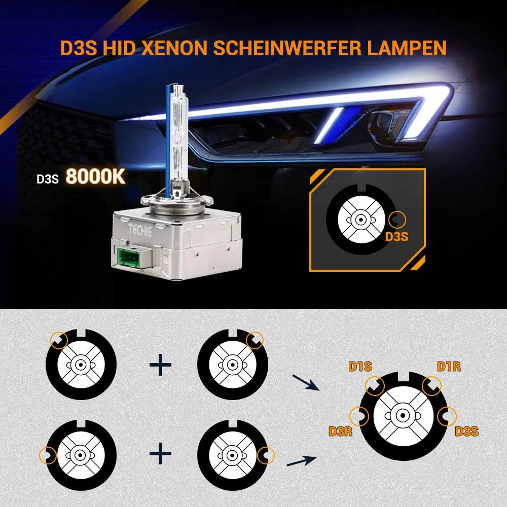 Techie D3S Xenon Brenner 8000k, 12V 35W Xenon Auto Scheinwerferlampe, Kaltblau Aluminium Fahrzeugscheinwerferbirne, HID Entladungs Lampe Ersatz Kit– 2 Stück (D3S-8000K)