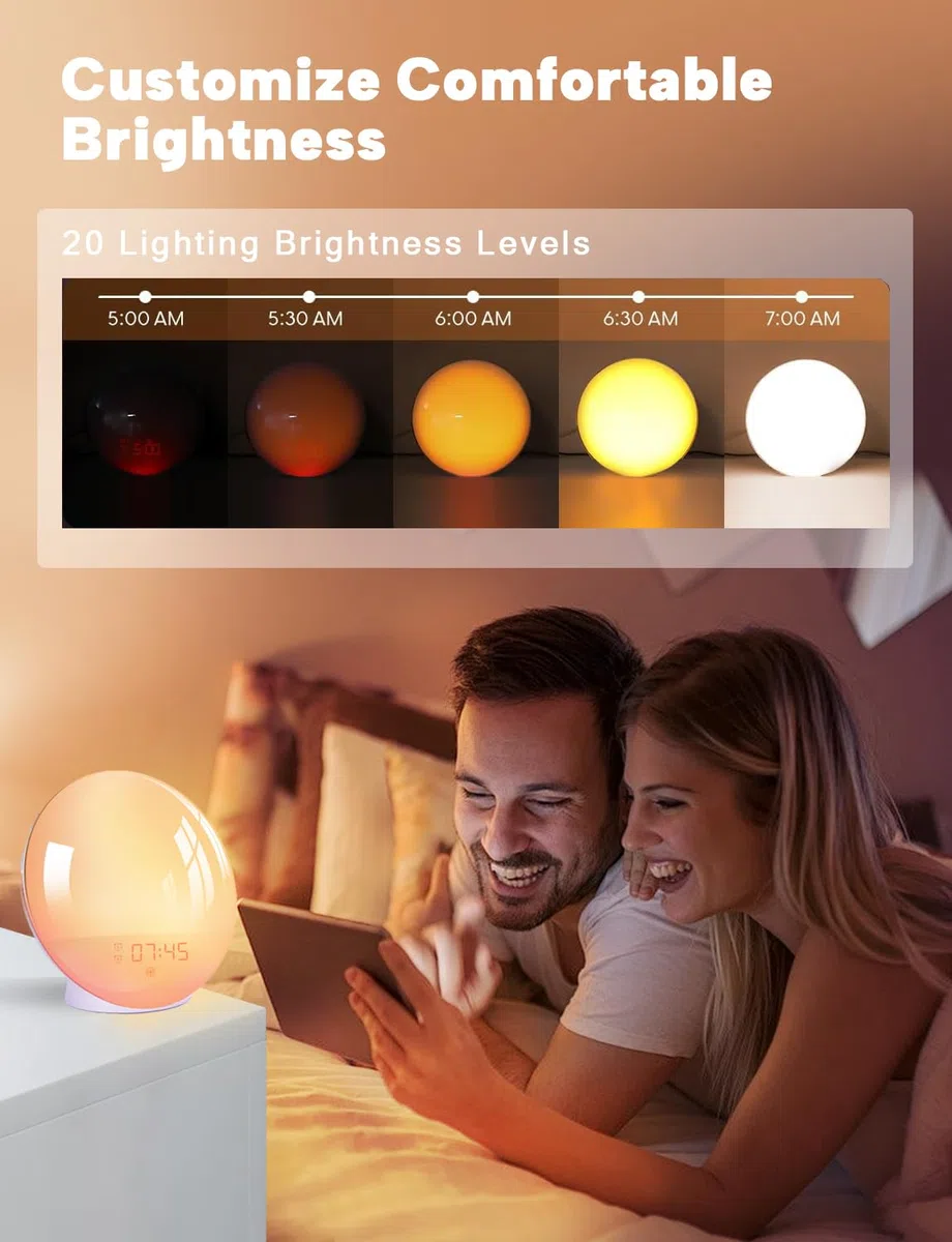 Wake Up Licht Lichtwecker Sonnenaufgang Sonnenuntergang Simulation Wecker mit zwei Alarmen, 7 natürlichen Klängen, UKW-Radio ,Schlummerfunktion und 20 Helligkeit,Nachtlicht zum Erwachsene&Kinder