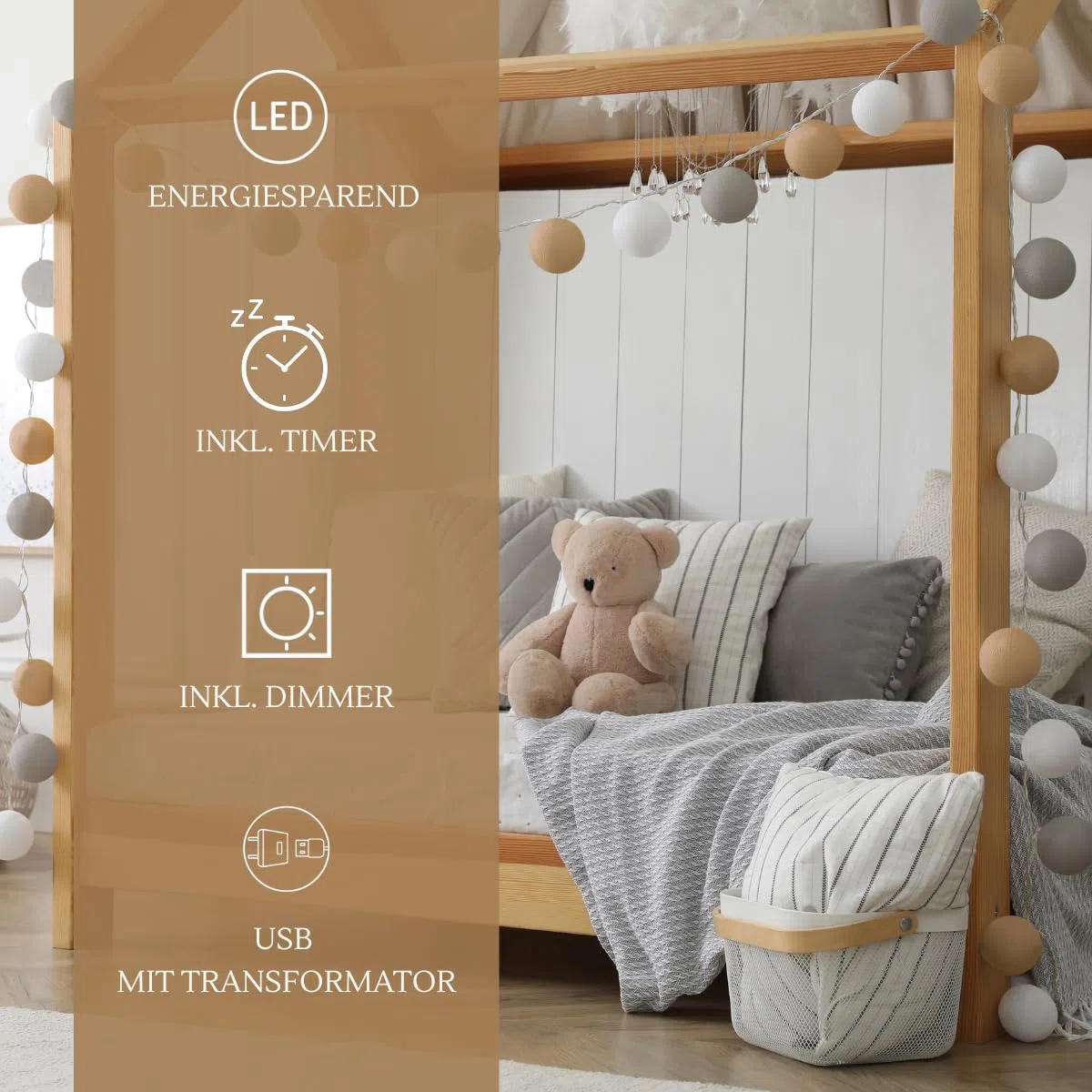 CREATIVECOTTON LED Lichterkette mit Cotton Balls inkl. Timer und Dimmer (Ambiance, 20 Kugeln)
