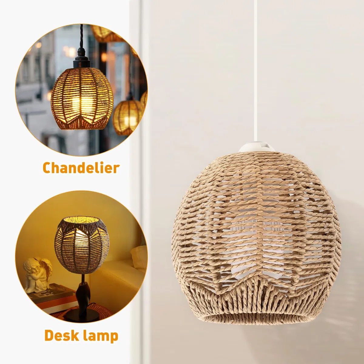 Angoily 3 Stücke Gewebt Lampenschirm Retro Rattan Gewebt Korb Decke Hängelampe Abdeckung Vintage Kronleuchter Lampenschirm für Esszimmer Wohnzimmer, 14 x 15 x 15 cm (Durchmesser des Mittellochs: 4cm）
