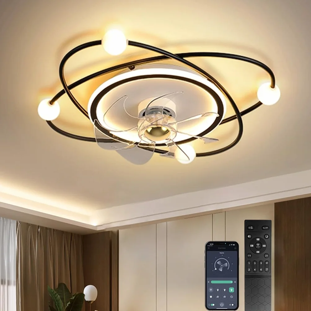 Moderner Deckenventilator mit Beleuchtung 55cm Dimmbare LED-Deckenlampe 48W Timer für Wohnzimmer Esszimmer Schwarz