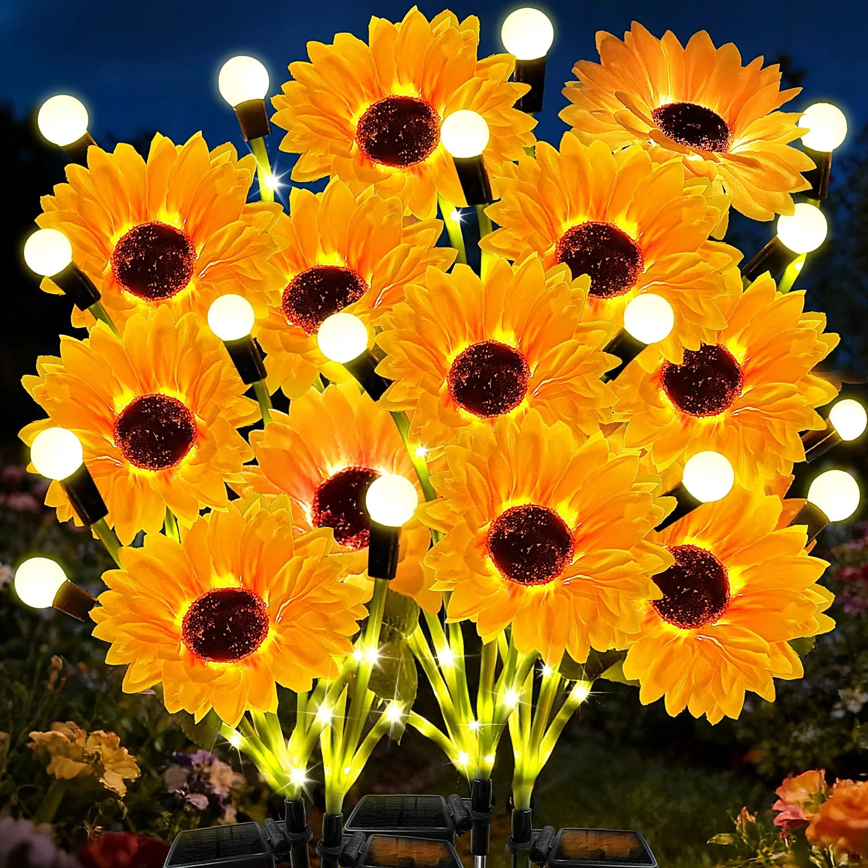 VEEKAY 4 Stück Solar Sonnenblume Lichter,Solarlampen für Außen Garten Warmweißes Licht,IP65 Wasserdicht Swinging Solarleuchten für Garten Dekoration Hof, Terrasse,Gehweg-Dekoration