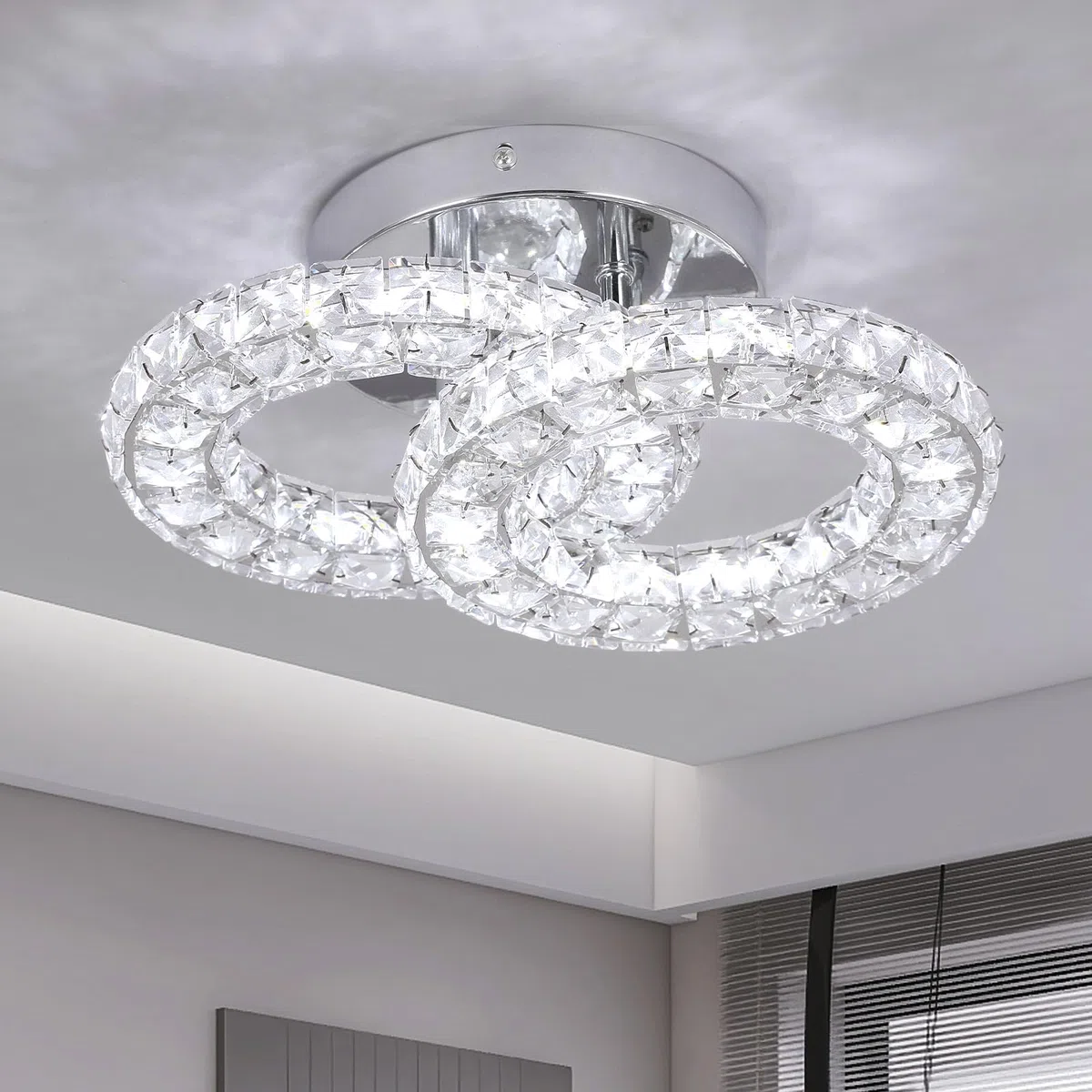 GreeLustr Runde Kristall Kronleuchter LED Moderne Kristall Deckenleuchte, Austauschbare Pendelleuchte K9 Crystal Einbauleuchte Edelstahl Deckenlampe für Schlafzimmer Flurlampe Eingang Wohnzimmer