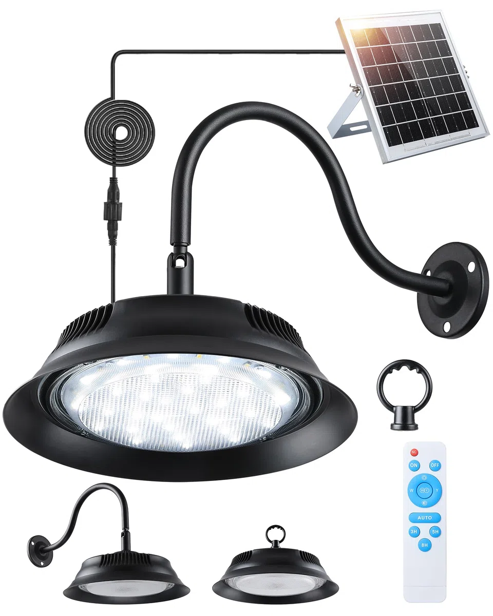 Solar LED Lampe Außen, Hängelampe & Wandleuchte mit Fernbedienung, 3 Farbtemperaturen, 5000mAh Akku, 10–12h Leuchtdauer, IP65 Wasserdicht für Gartenhaus, Schuppen, Garage, Stall, Terrasse