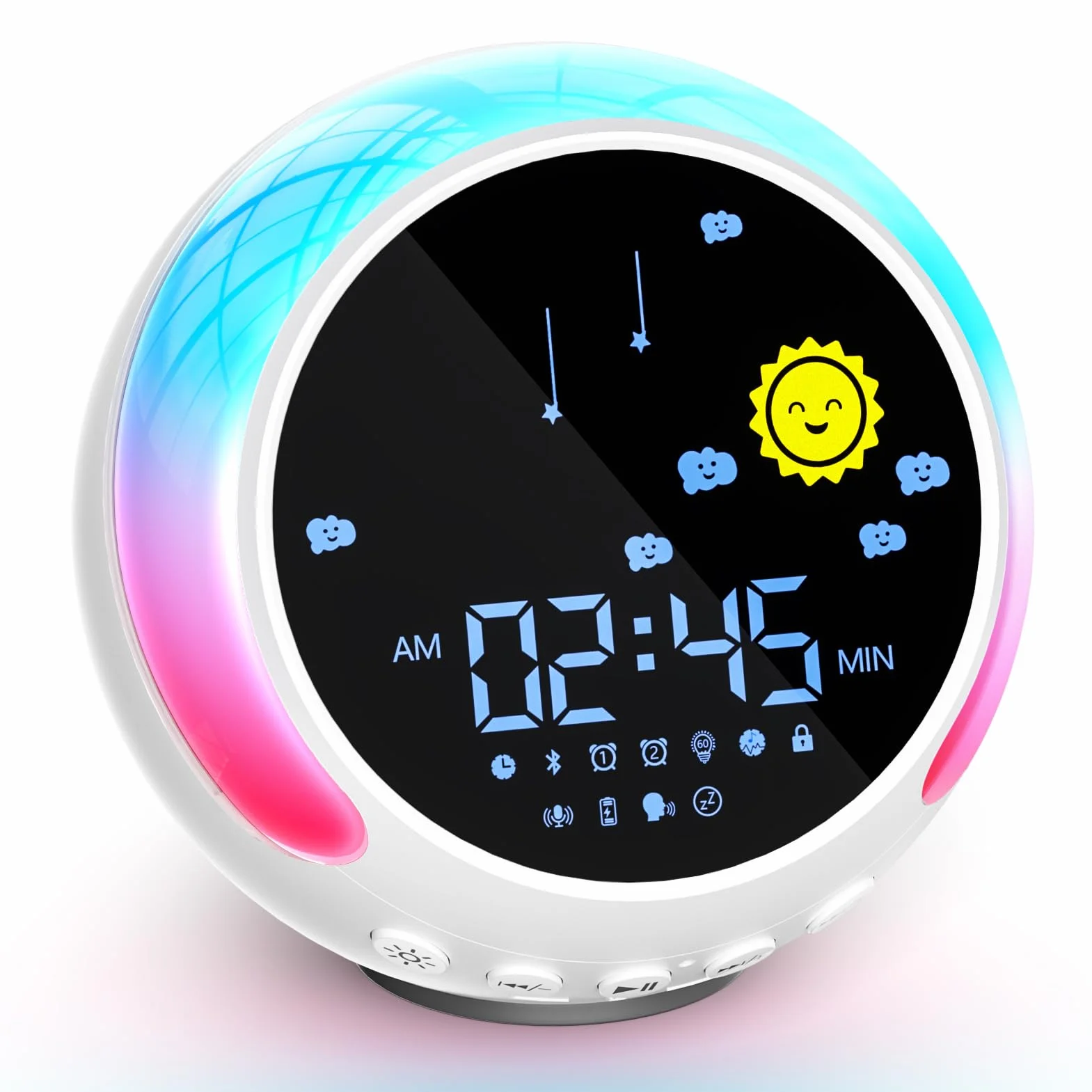NEUTYPECHIC Kinderwecker für Schulanfänger, Bluetooth Schlummern Wecker Kinder mit Weißem Rauschen 11 Nachtlichtern, Lichtwecker Kinder 5 Stufen der Nachtlichthelligkeit mit Lautsprecher, Aufnahme