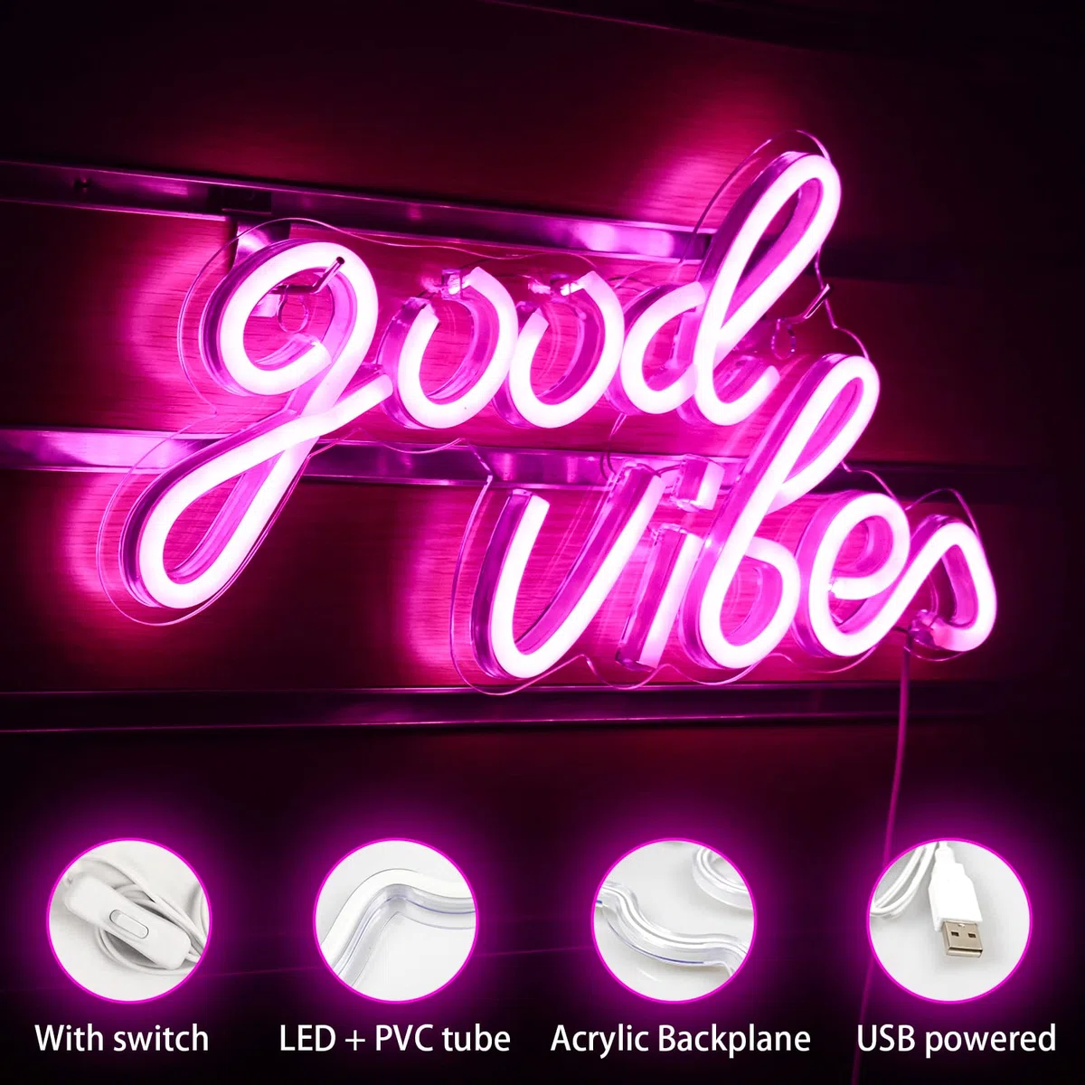 Wanxing Rosa Good Vibes Neon Schild,Neon-Wanddekorationsschilder, Echtes Acryl-Neonlicht, 7,9"x 15,9"USB-LED-Neonschilder für Schlafzimmer,Hausbar,Hochzeitstag,Partygeschenk zum Geburtstag