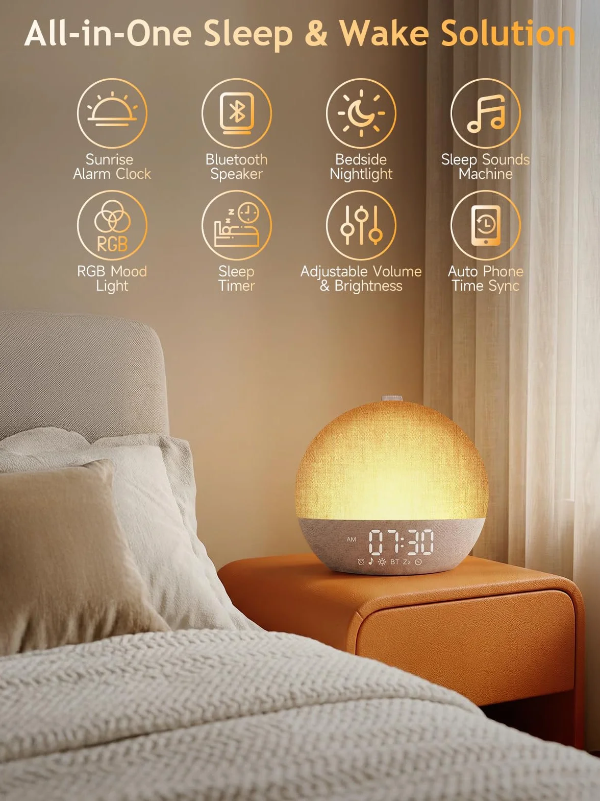 Tageslichtwecker Lichtwecker Sonnenaufgang Wecker mit Wake Up Light|Weißes Rauschen,Wecker mit 30 Beruhigende Klänge & Schlaf timer,Dimmbare 17 RGB Nachtlicht 20 Helligkeitsstufen für Frauen Männer