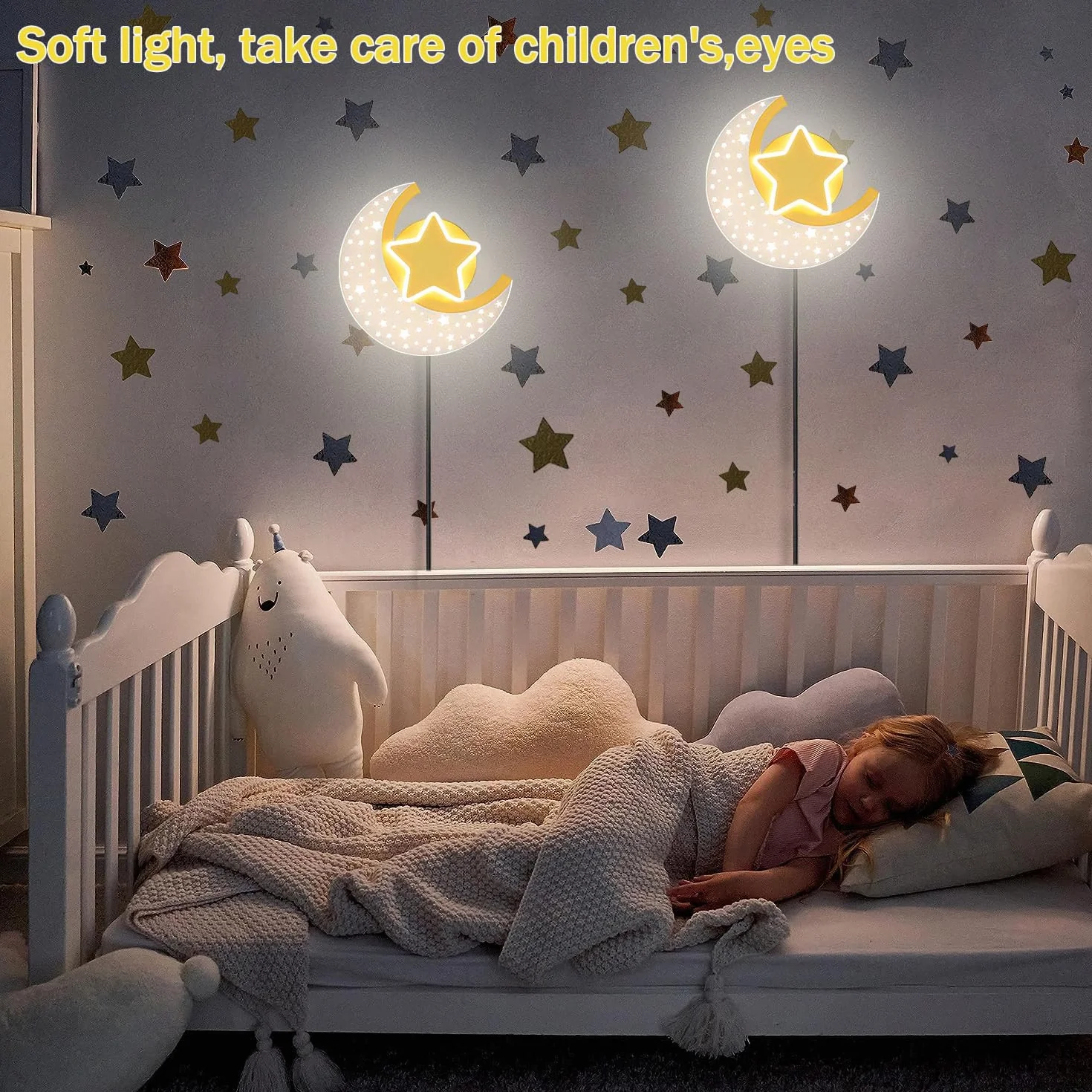 KZT LED Wandleuchte mit Stecker 3 Farben Einstellbar Wandlampe Kinderzimmer Touch Schalter Mond Nachttischlampe mit 180cm Kabel Innen Wandbeleuchtung Deko für Kinder Madchen Junge Schlafzimmerlampe