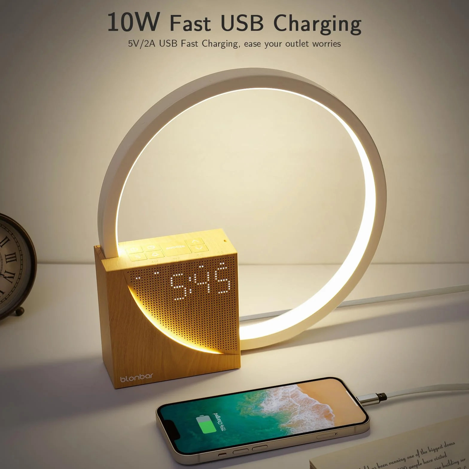 blonbar Nachttischlampe mit USB-Ladefunktion, Touch Control Dimmbar Lichtwecker Wake Up Light Einschlafhilfe Babys und Erwachsene, 3 Stufige Helligkeit Nachttischlampe für Schlafzimmer Wohnzimmer