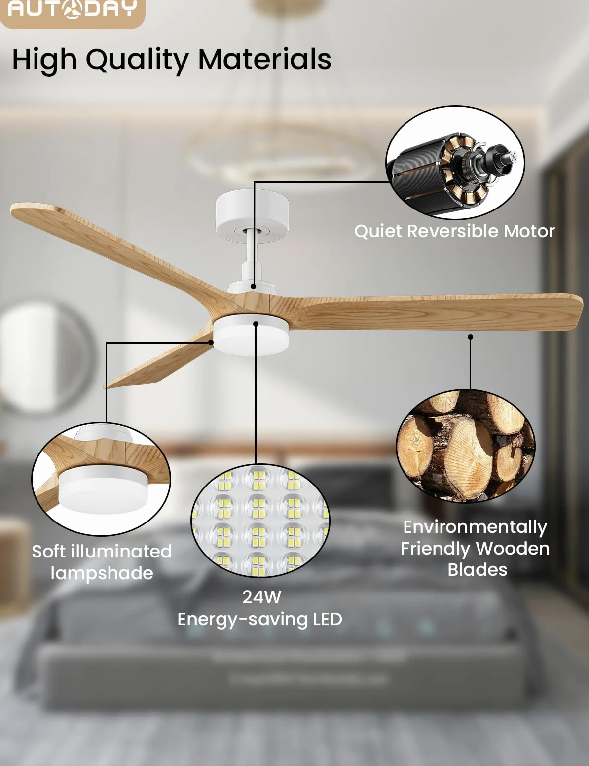 Holz Deckenventilator mit Beleuchtung leiser Gleichstrommotor 132 cm deckenventilator outdoor 3 hölzern flügel dimmbarem LED 24W fernbedienung mit Memory-Funktion 6 Geschwindigkeiten Timer