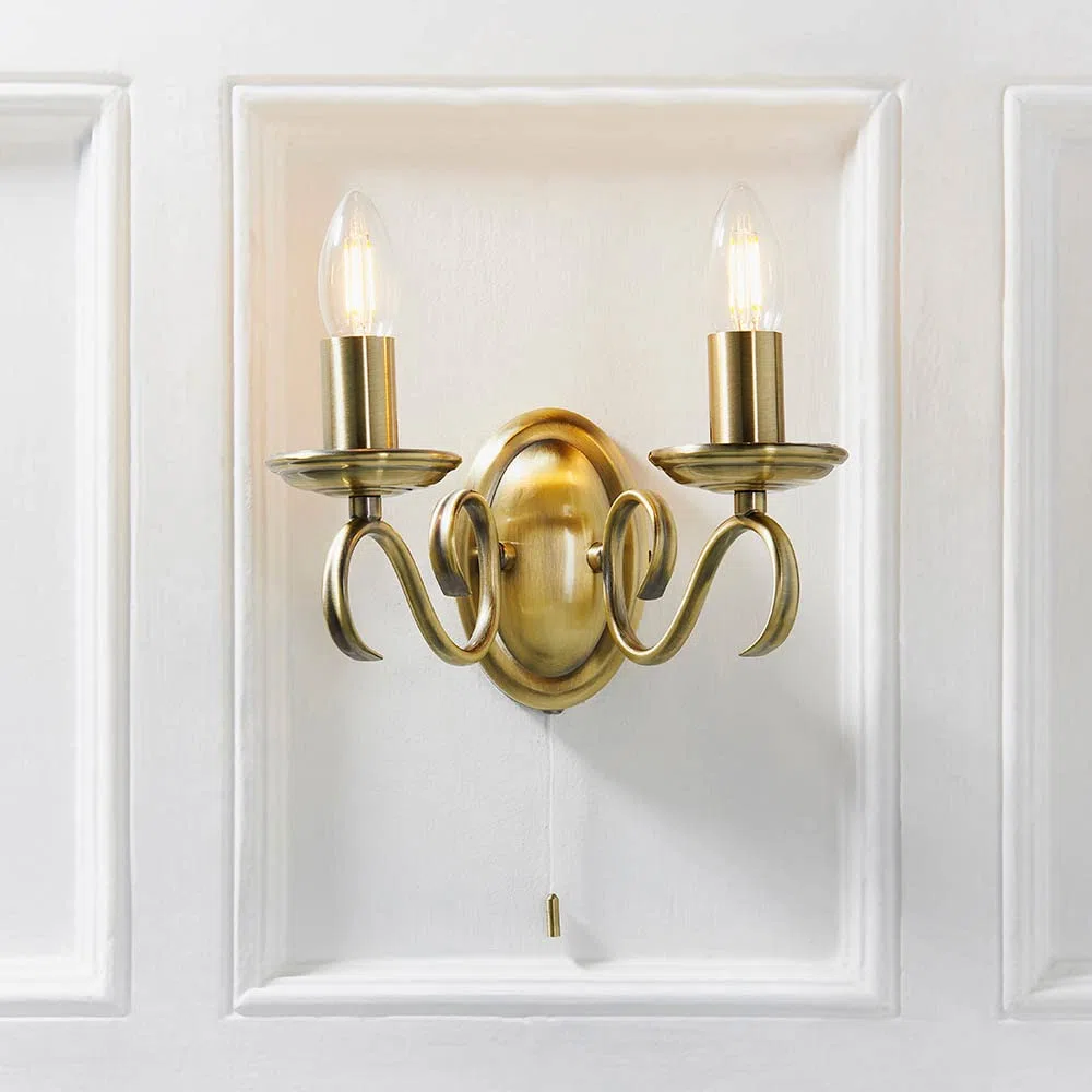 Dekorative Wandleuchte - Dimmbare Doppelwandleuchten mit Zugakkordschalter - Twisted Arm Indoor Wandlampe - LED Wandleuchte für Schlafzimmer Flur 60W E14 Kerze (nicht enthalten) Messing