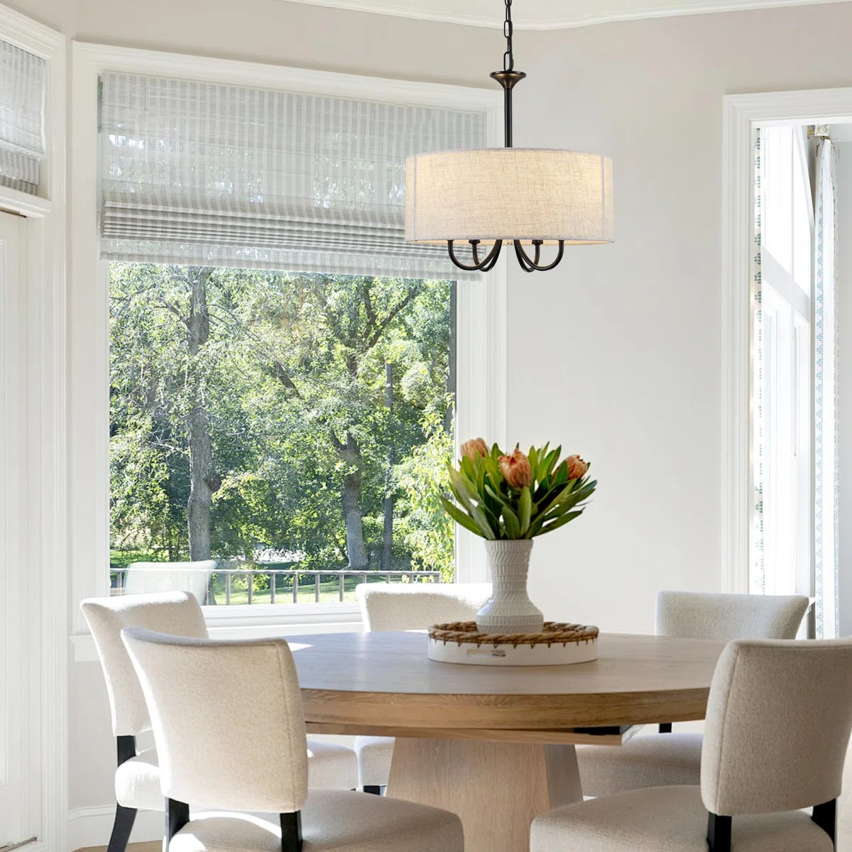 Schwarze Kronleuchter, 4 Flammig Deckenlampe Kronleuchter, E14 Schwarze Pendelleuchte mit Stoffschirm, Moderne Deckenlampe Kronleuchter für Küche, Flur, Schlafzimmer, Esszimmer