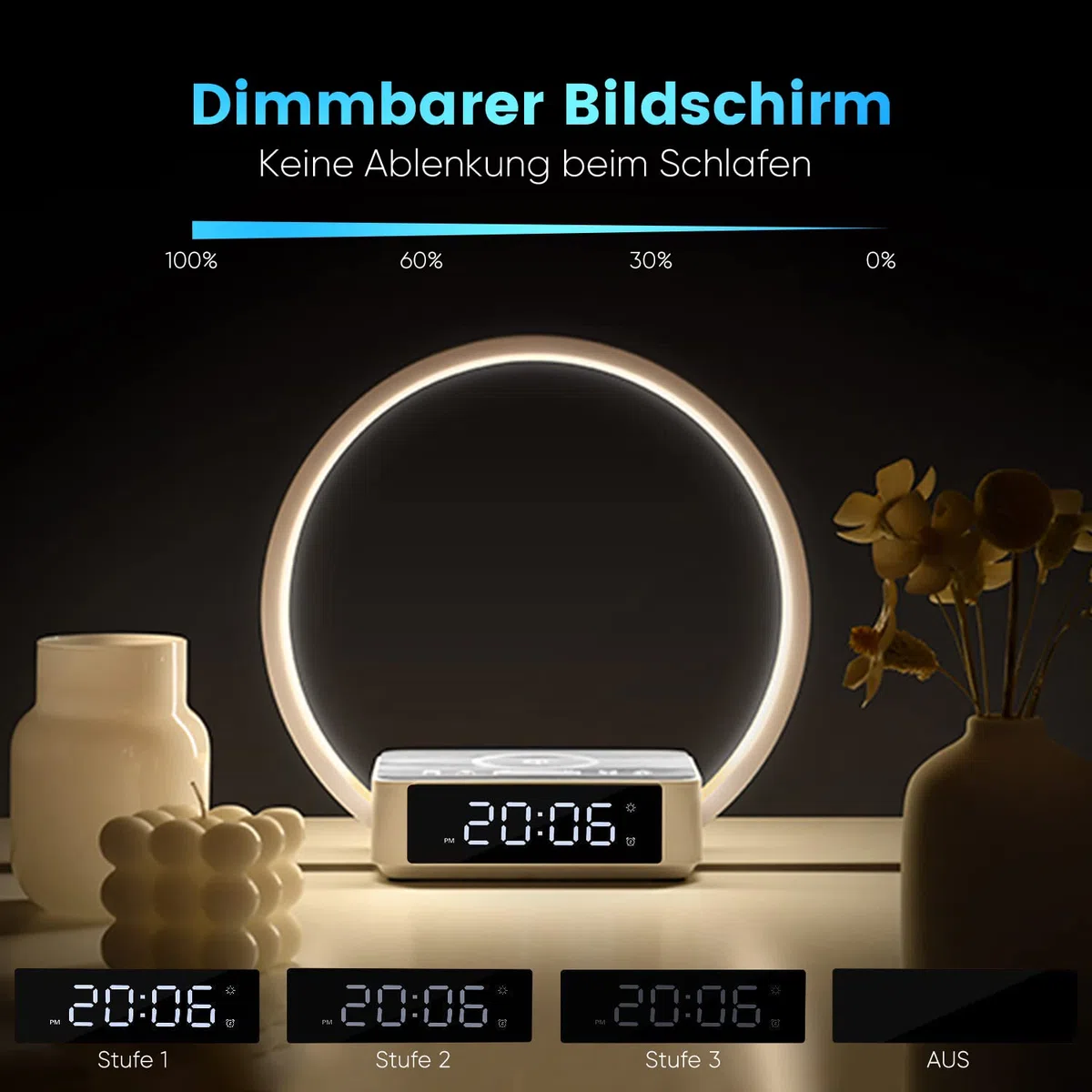 WILIT LED Nachttischlampe mit Ladefunktion 18W, Lichtwecker mit Uhr, Nachttischlampen Touch Dimmbar Schlafzimmer mit 3 Helligkeitsstufen, 10W Wireless Charger, Grau