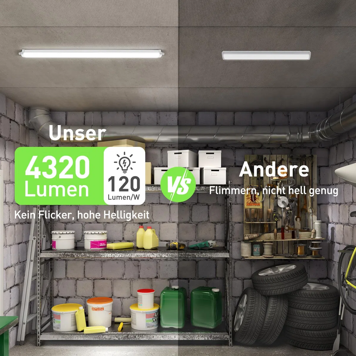 ALUSSO 2 Stück LED Feuchtraumleuchte 120CM, 36W 4320LM LED Röhre 4000K, IP65 Wasserfest Feuchtraumlampe Werkstatt Deckenleuchte für Garage,Keller,Werkstatt,Feuchtraum,Bad,Büro,Warenhaus
