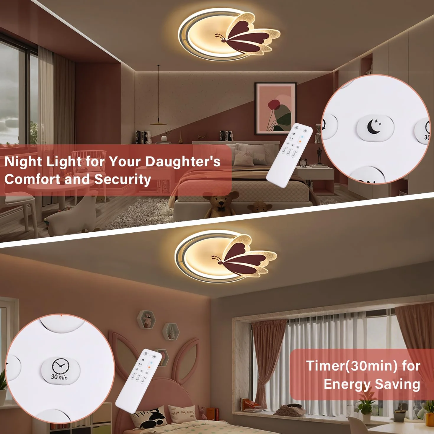 LED Deckenleuchte Schmetterling 48W Dimmbar mit Fernbedienung, Farbtemperatur 3000–6500K, Nachtlicht, Timer, Memory-Funktion, Deckenlampe für Kinderzimmer & Schlafzimmer, 4800lm, 47x40cm, Metall