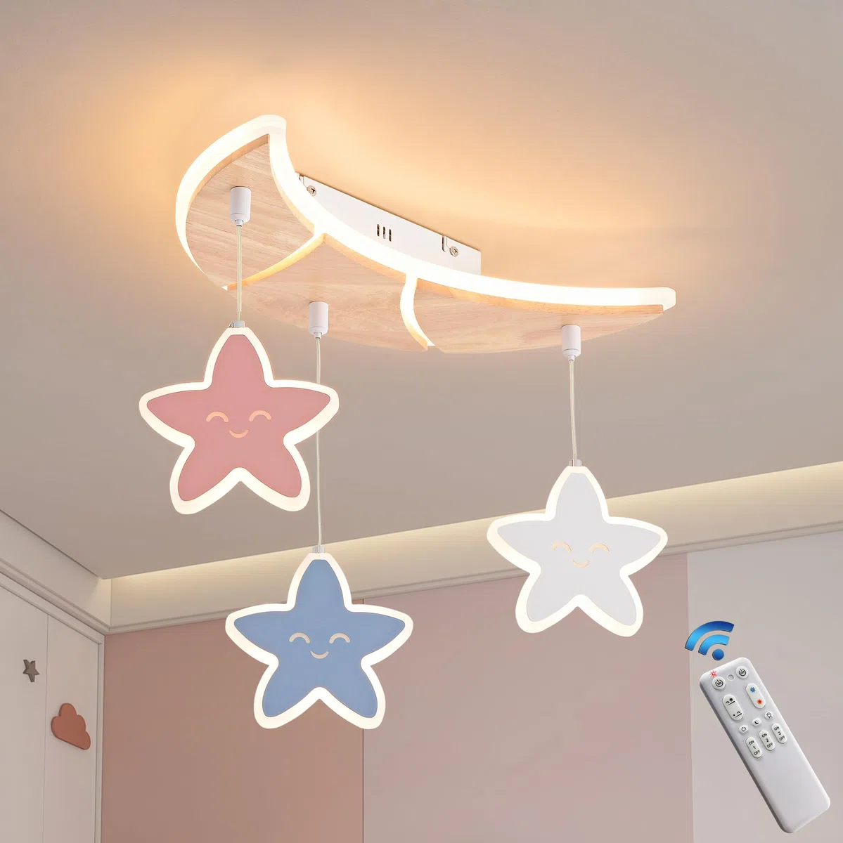 LED Deckenleuchte Stern Mond, 40cm 32W Holz Kinder Lampe Dimmbar 3000-6000K mit Fernbedienung, Für Kinderzimmer, Babyzimmer, Jugendzimmer, Schlafzimmer, Mit Memory-Funktion, 4W Nachtlicht