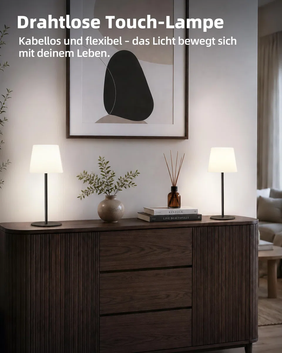 EZVALO 2er-Set Kabellose Tischlampe LED, IP65, 4500mAh USB-C, Touch-Dimmbar mit 3 Farbtemperaturen, Perfekte Nachttischlampe, Campinglampe & Tischleuchte für Outdoor und Innen (Schwarz, 2 Stück)