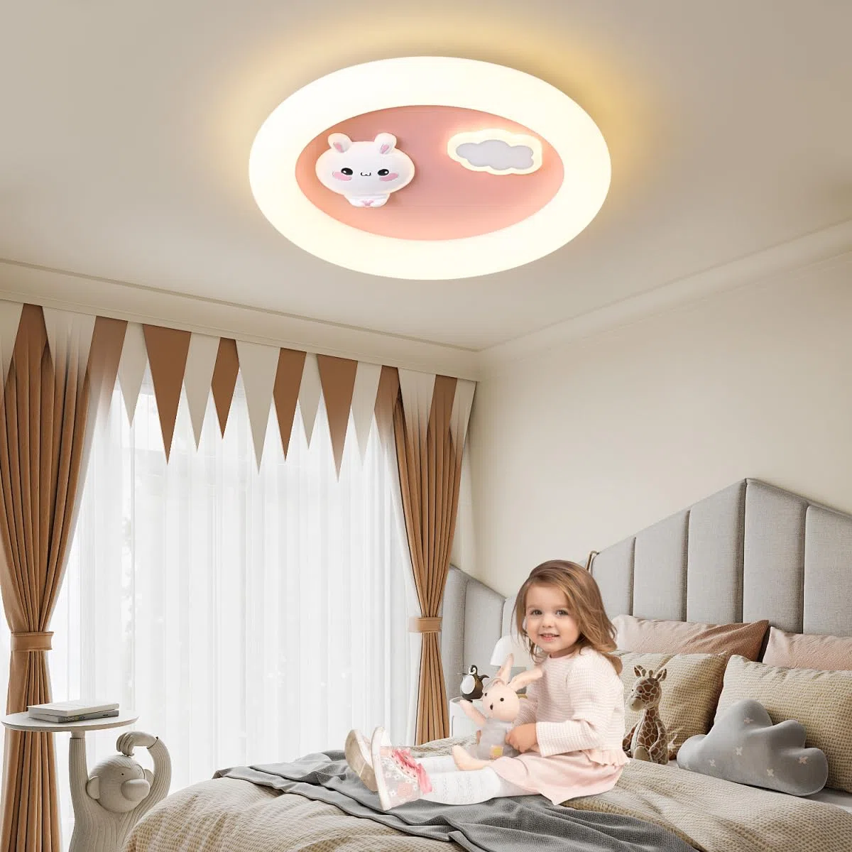 LED Kinder Deckenlampe Hase Wolke Kinderzimmer Lampe Decke, Dimmbar Deckenleuchte mit Fernbedienung, Mädchen Zimmer Licht Schlafzimmer Decke Kindergarten Beleuchtung, Nachtlicht Funktion (40cm Rosa)