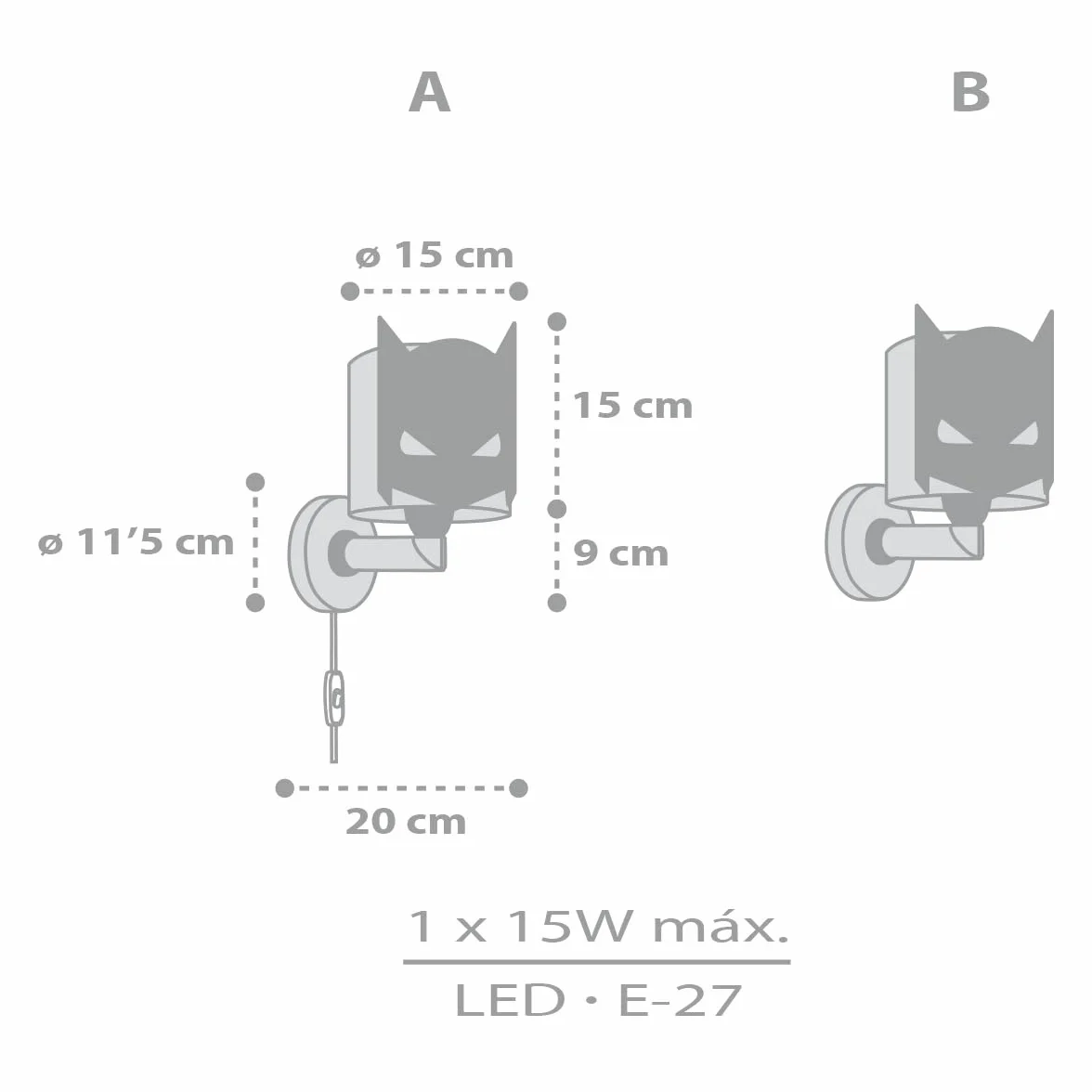 Dalber kinder Wandlampe, Kinderlampe Wandleuchte Dark Hero Superheld, Schwarz | Wandleuchte; Kinderzimmer; E27 - 1 x 15W