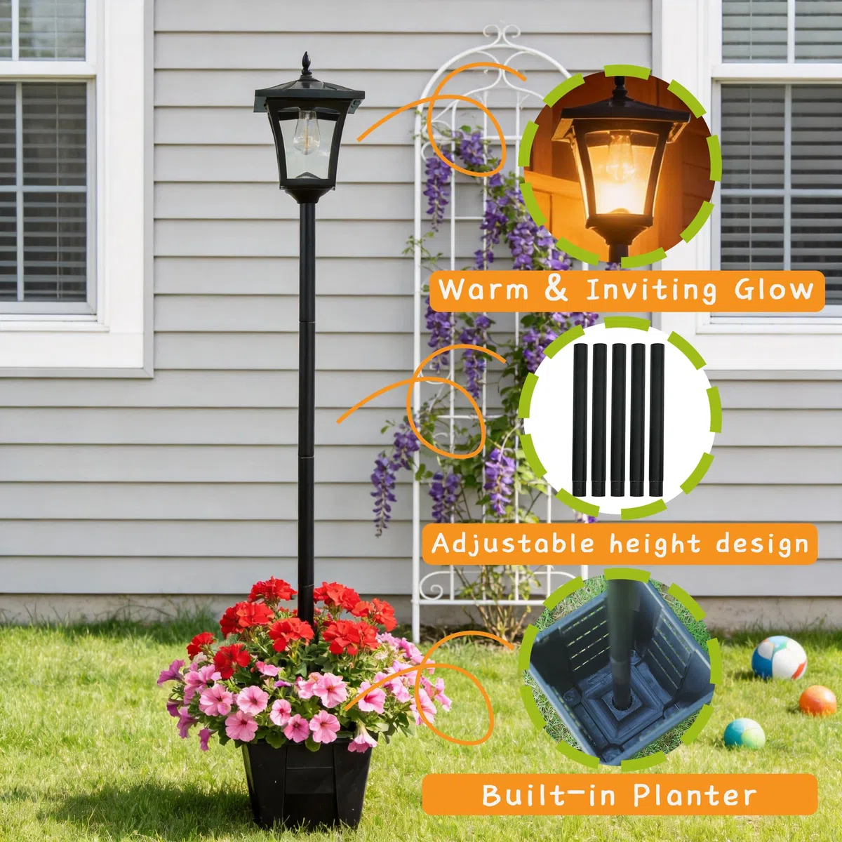 Solarlaterne für außen mit Blumentopf, 150cm Solarlampen für außen, Warmgelb LED, Wasserfest, Solarlampenpfostenlicht Gartenlaterne, Außenbereich Windlicht für Garten Balkon